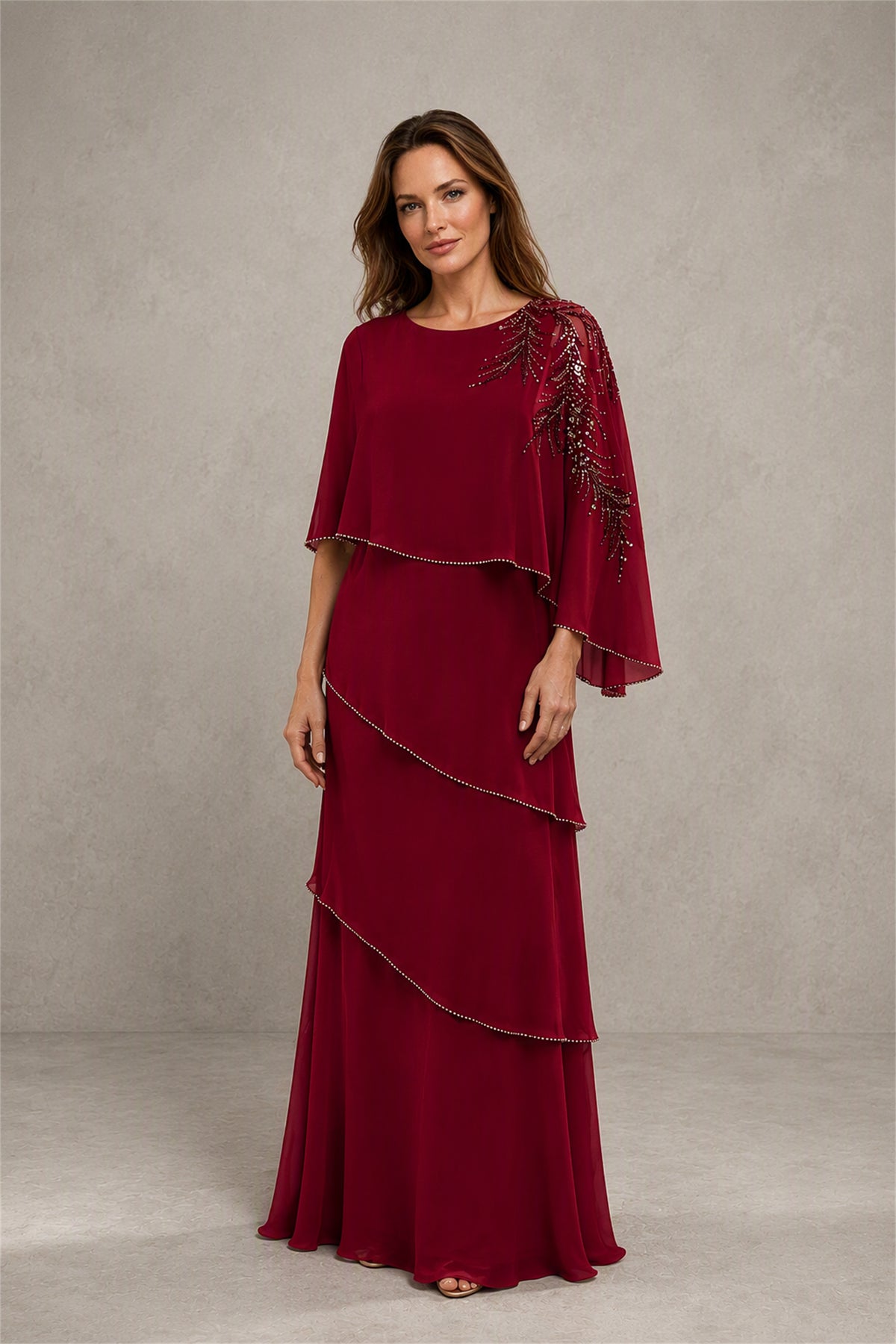 BOLODOO Burgundy Mocha Asymmetric Cape Sleeve Burgundy Sequin Embroidered Pearl Trim Tiered Chiffon Gown - Burgundy