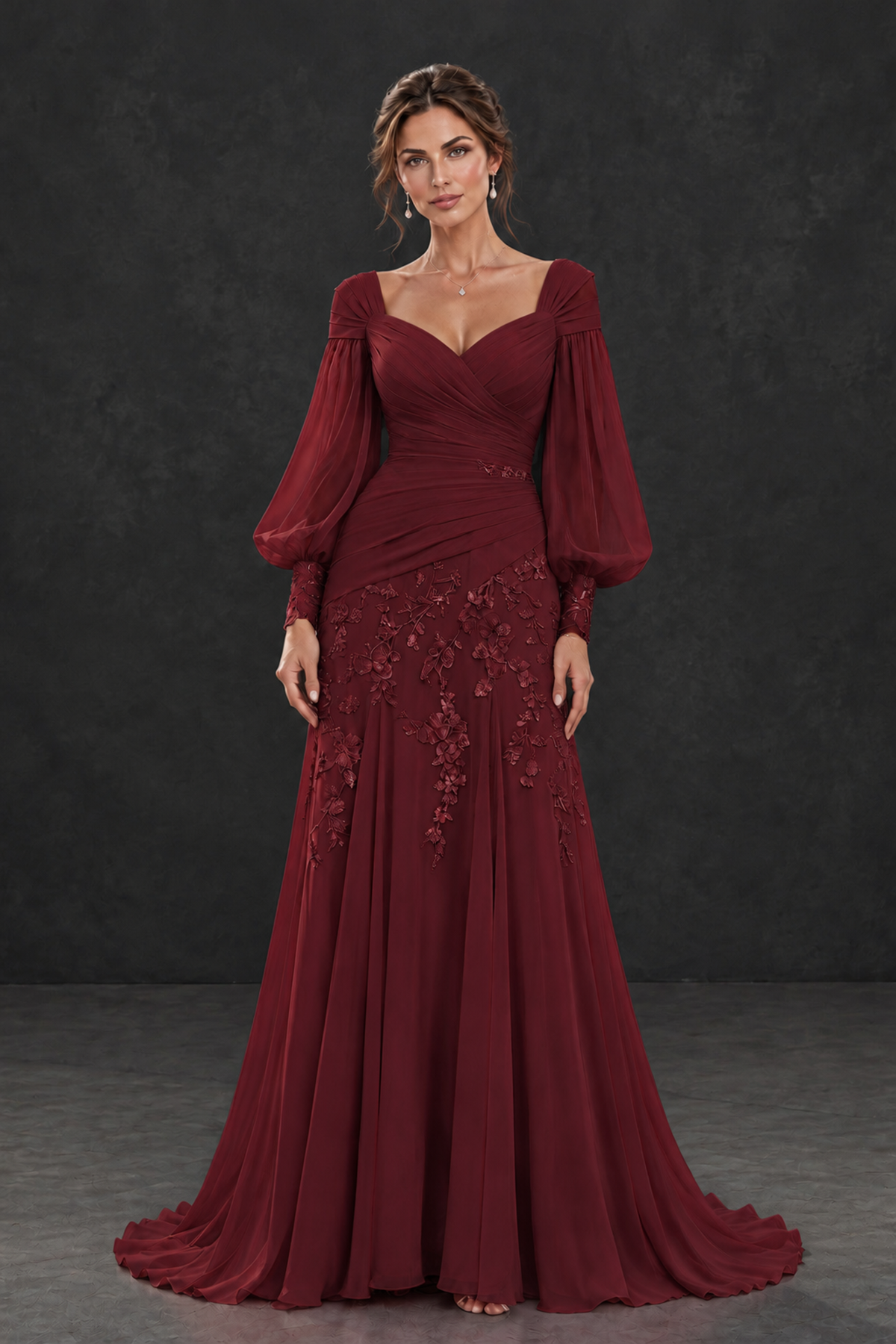 BOLODOO Burgundy Long Sleeve Mother of the Bride Dress with Floral Appliqués - Burgundy - Burgundy (1)