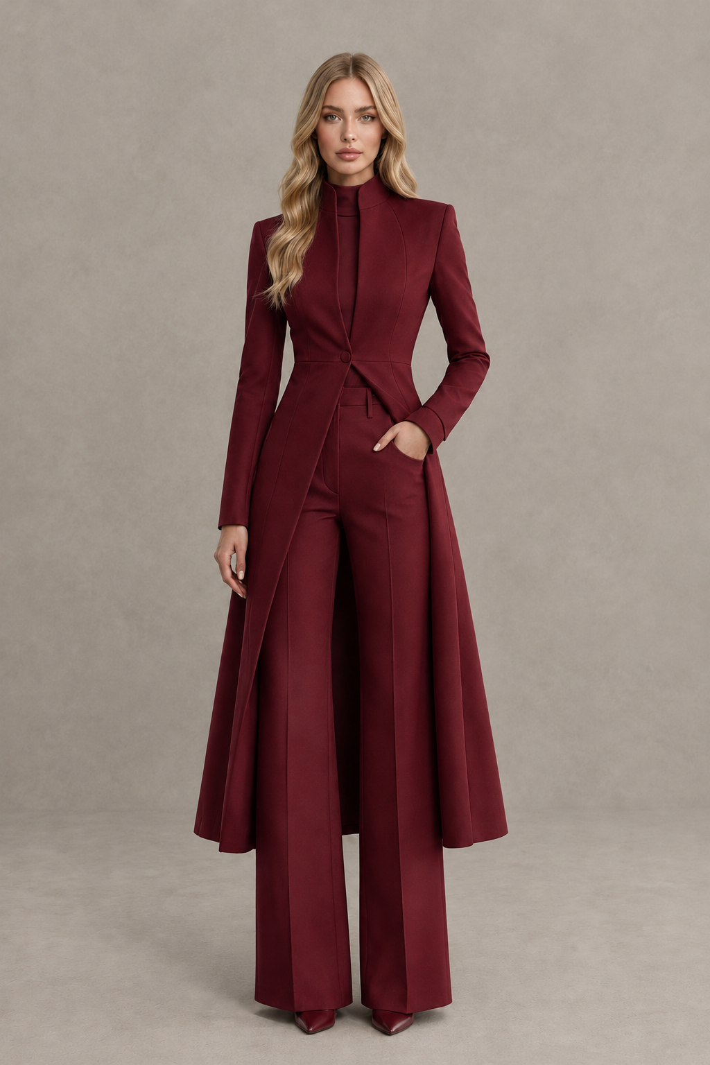 BOLODOO Burgundy Longline Jacket Wide-Leg Formal Pantsuit - Burgundy