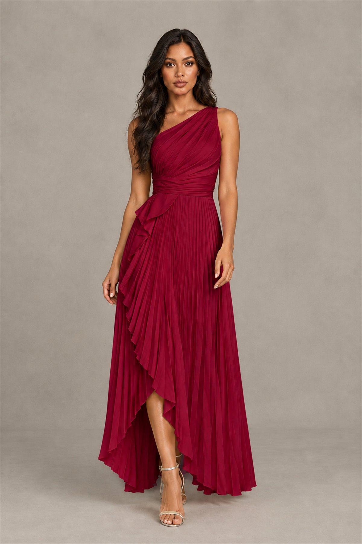 BOLODOO Burgundy One-Shoulder High-Low Ruffle Maxi Dress - Burgundy