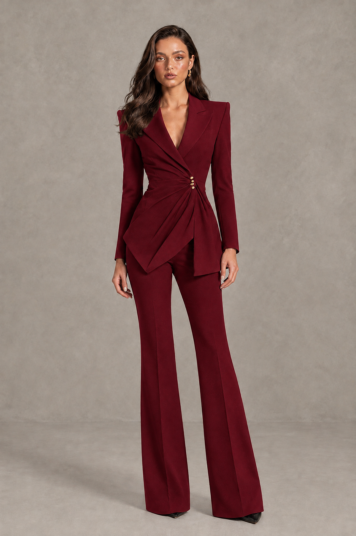 BOLODOO Burgundy Long Sleeve Wrap Blazer Pantsuit with Wide-Leg Trousers - Burgundy - Burgundy (1)
