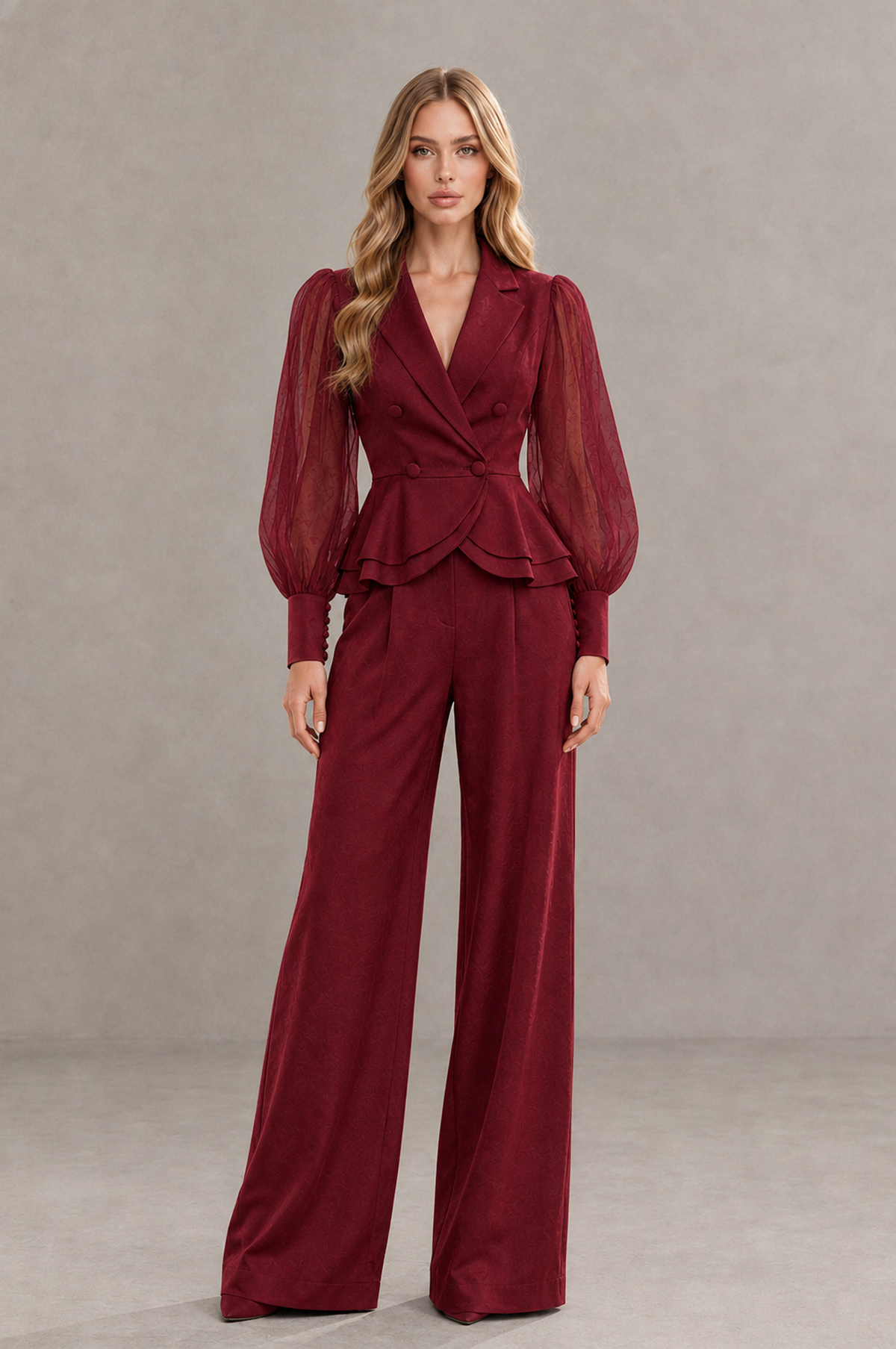 BOLODOO Mint Burgundy Peplum Blazer Wide-Leg Pantsuit with Sheer Puff Sleeves - Burgundy