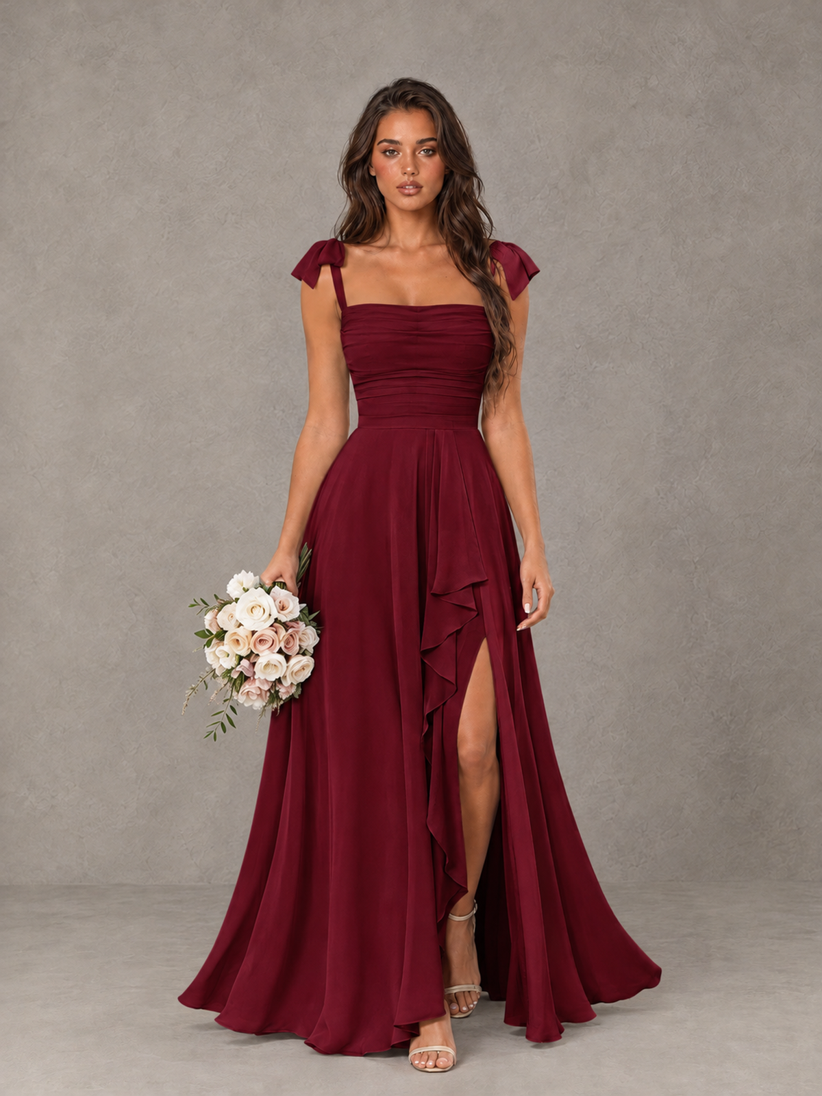 BOLODOO Burgundy Bow-Strap Bridesmaid Dress with Ruffle Slit - Burgundy - Burgundy (1)