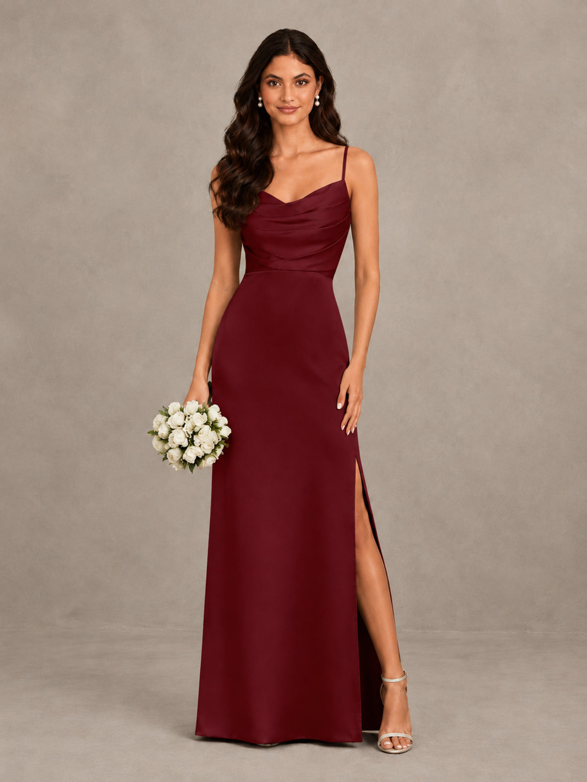 BOLODOO Burgundy Cowl Neck Satin Bridesmaid Dress with Slit - Burgundy - Burgundy (1)