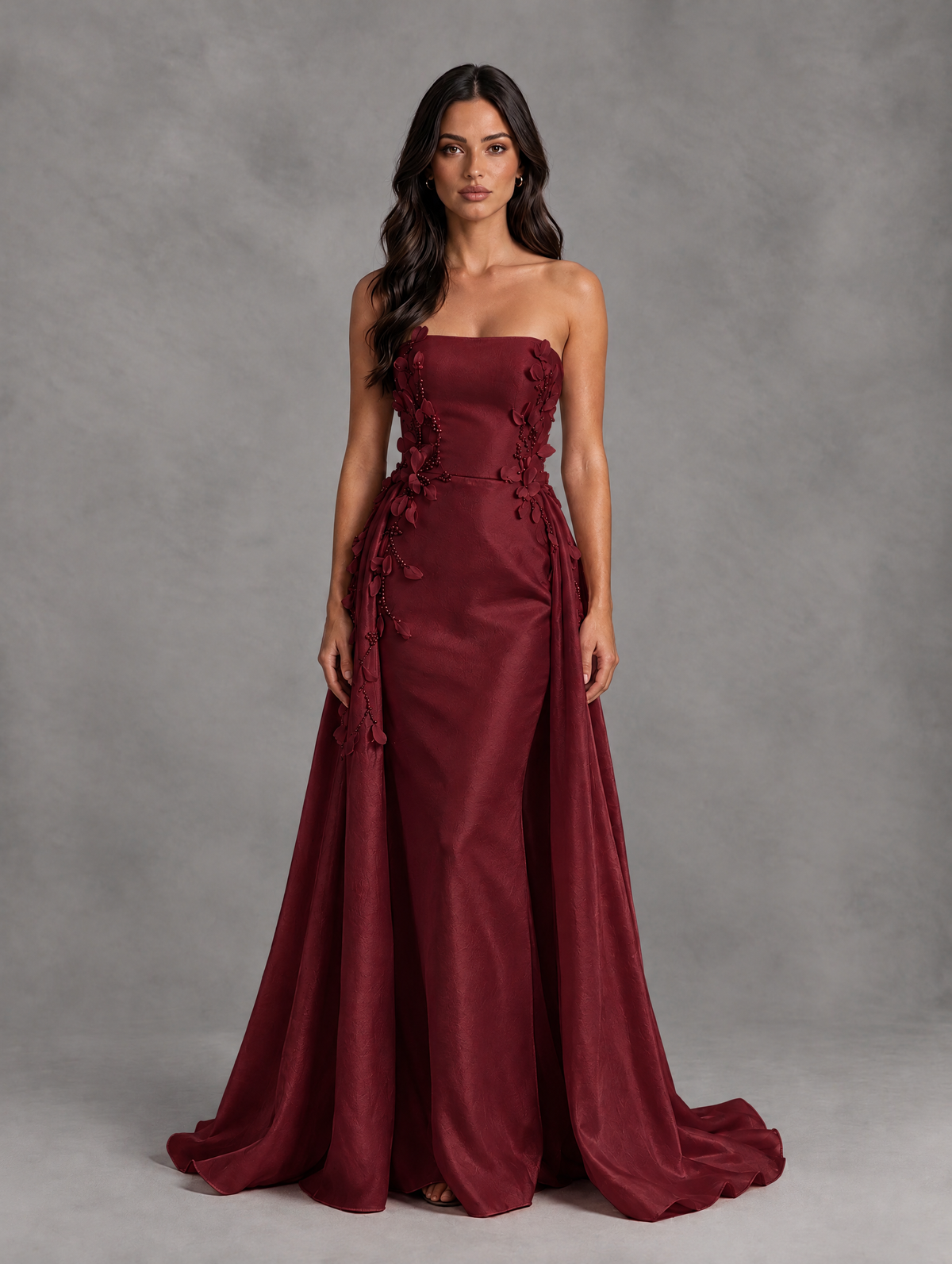 BOLODOO Burgundy Strapless Floral Applique Prom Dress with Overskirt - Burgundy - Burgundy (1)