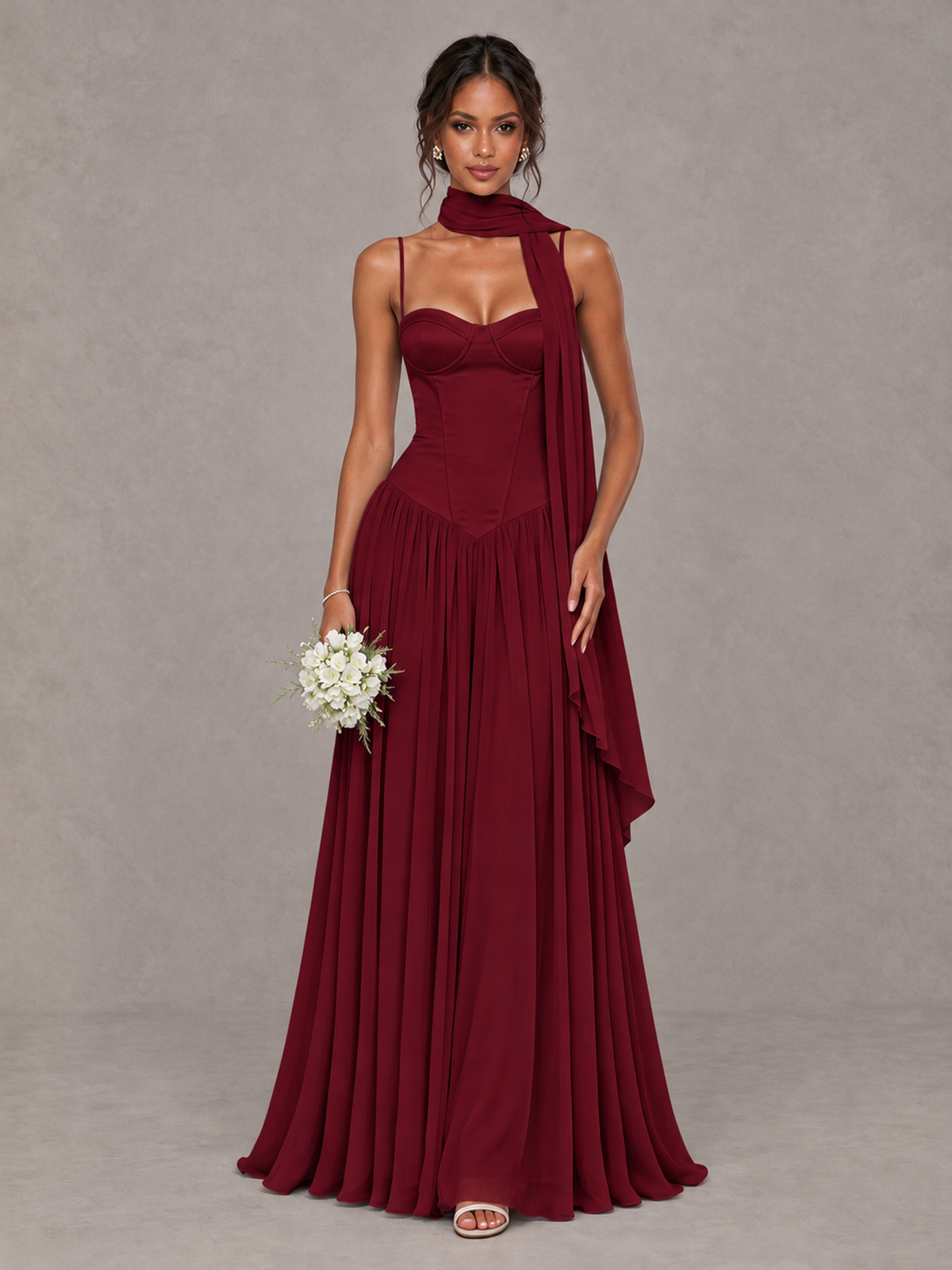 BOLODOO Burgundy Corset Bridesmaid Dress with Scarf - Burgundy - Burgundy (1)