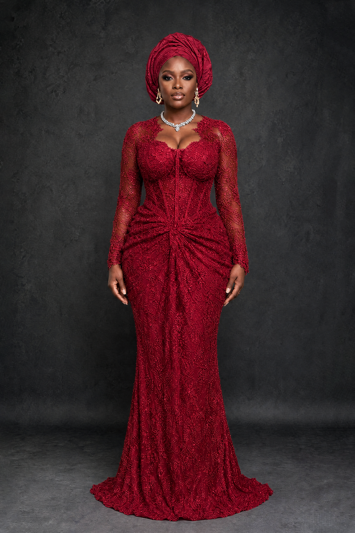 BOLODOO Burgundy Beaded Lace Long Sleeve Mermaid Gown Sweetheart | Mother of the Bride - Burgundy
