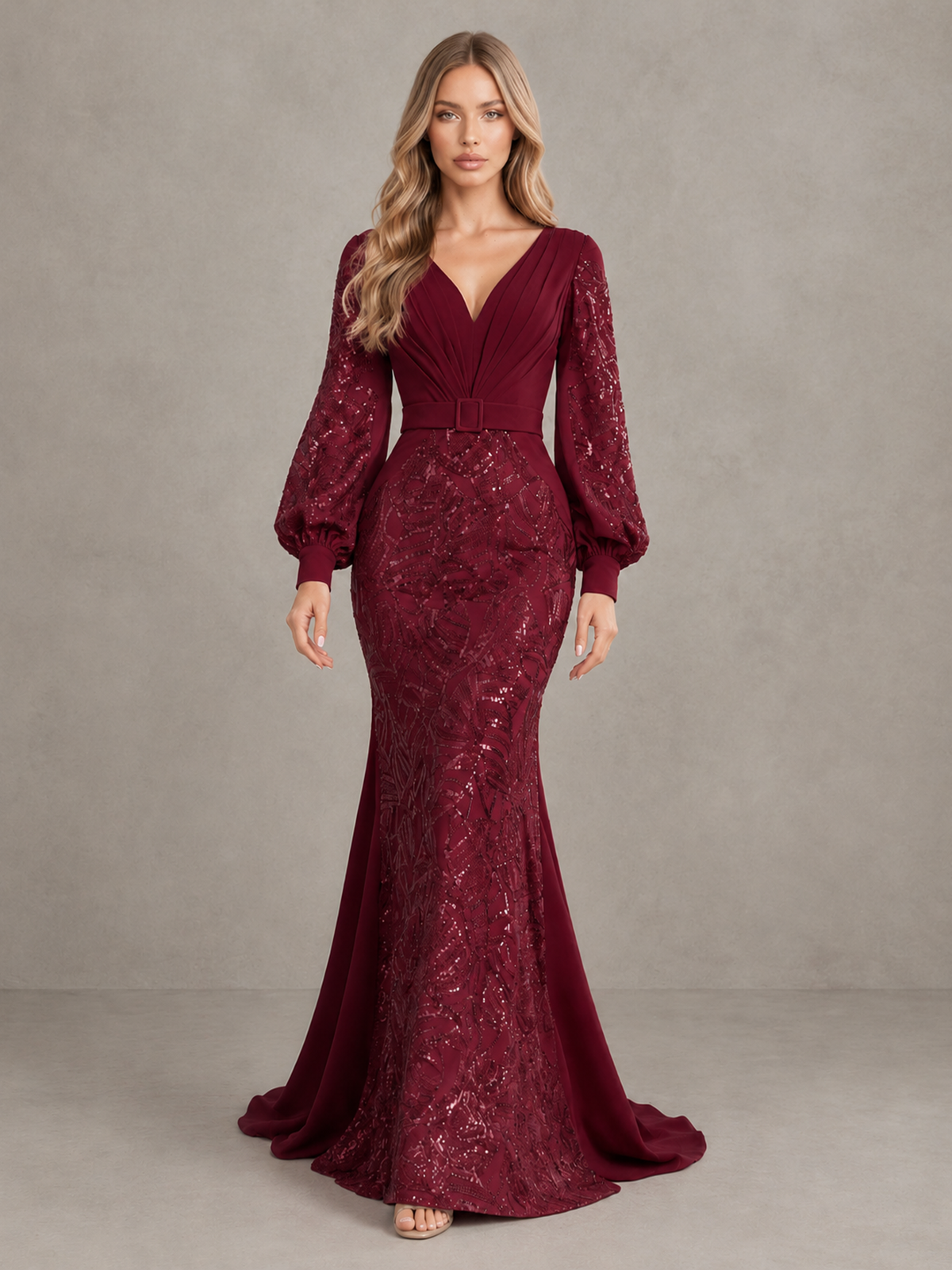 BOLODOO Burgundy Sequin Long Bishop Sleeve Mermaid Evening Dress - Burgundy - Burgundy (1)