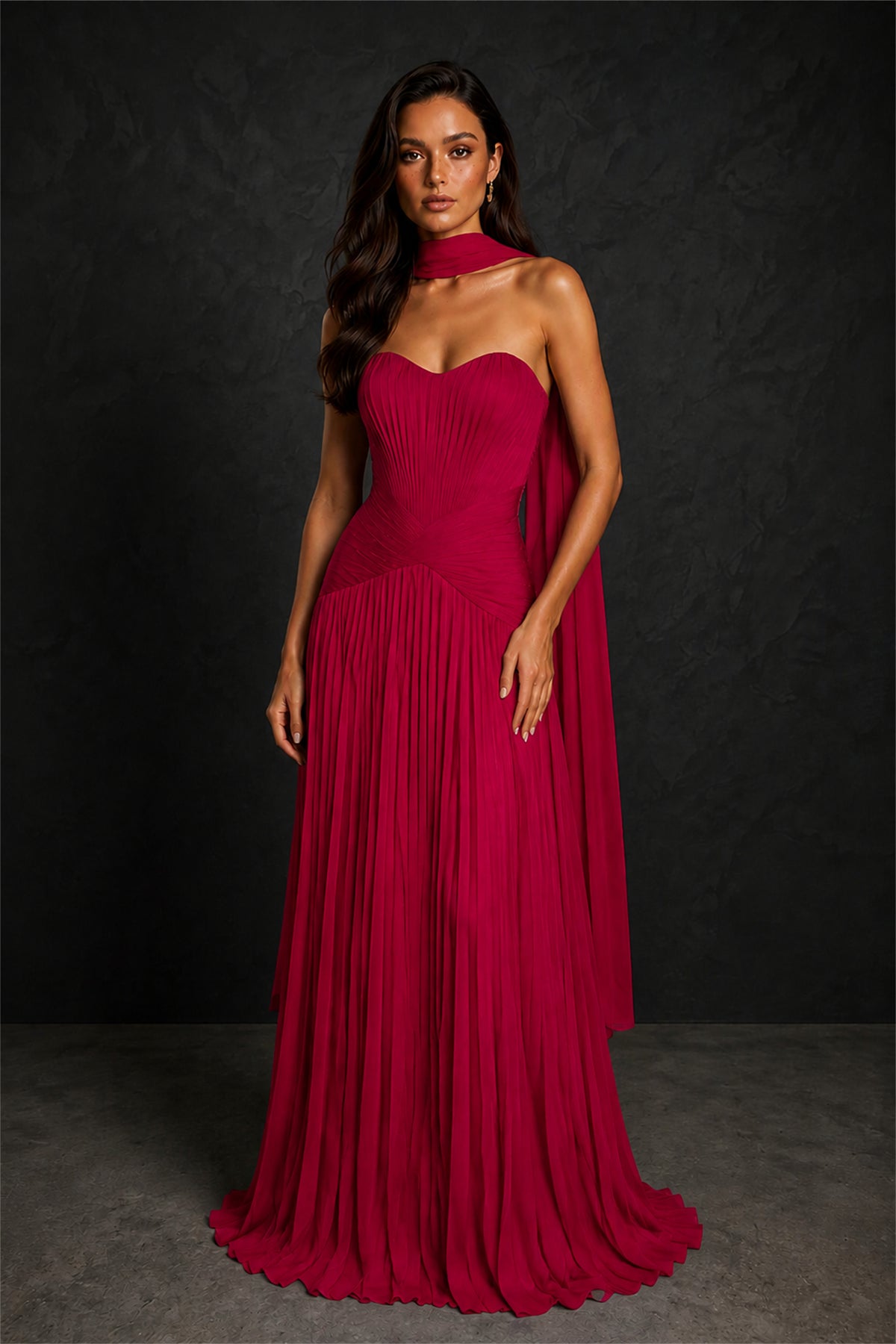BOLODOO Burgundy Sweetheart Strapless Neck Scarf Pleated Backless A-Line Chiffon Maxi Dress - Burgundy