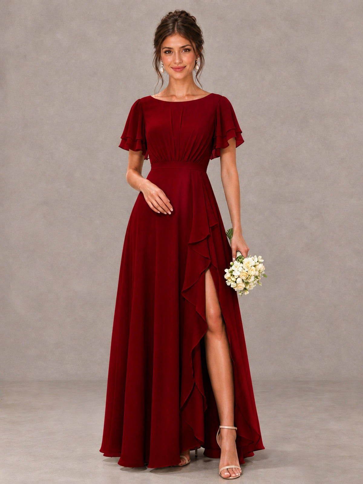 BOLODOO Burgundy Flutter Sleeve Ruffle Bridesmaid Dress with Slit - Burgundy - Burgundy (1)
