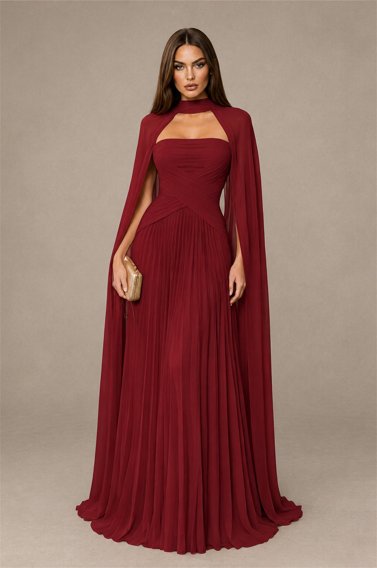 BOLODOO Burgundy Strapless Crossover Ruched Bodice Detached Turtleneck Cape Lace-Up Back Pleated Chiffon Maxi Dress - Burgundy
