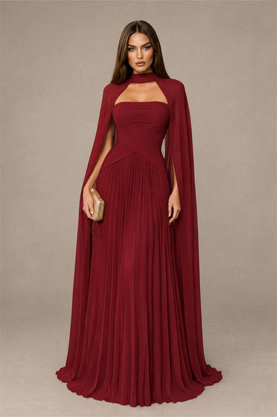 BOLODOO Burgundy Strapless Crossover Ruched Bodice Detached Turtleneck Cape Lace-Up Back Pleated Chiffon Maxi Dress - Burgundy