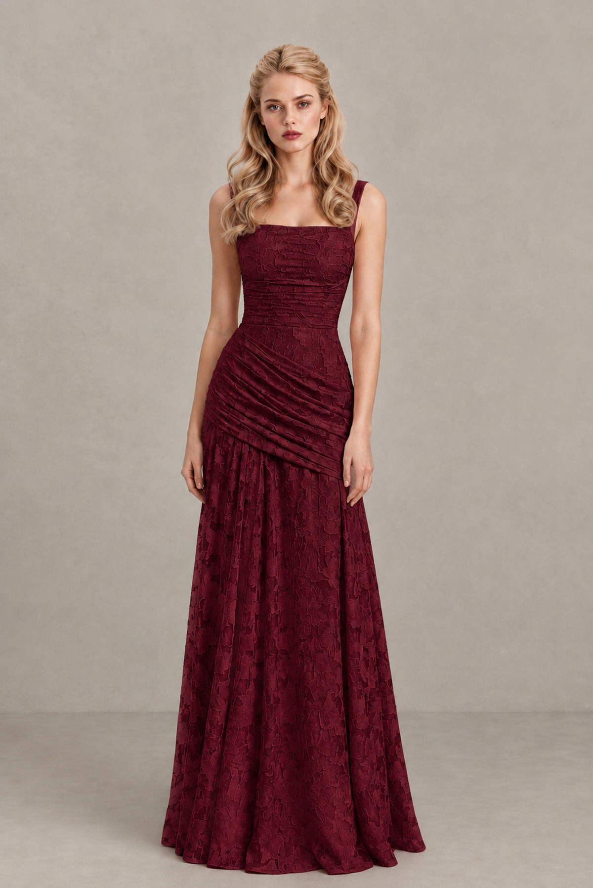 BOLODOO Burgundy Ruched Floral Maxi Dress with Lace-Up Back - Burgundy