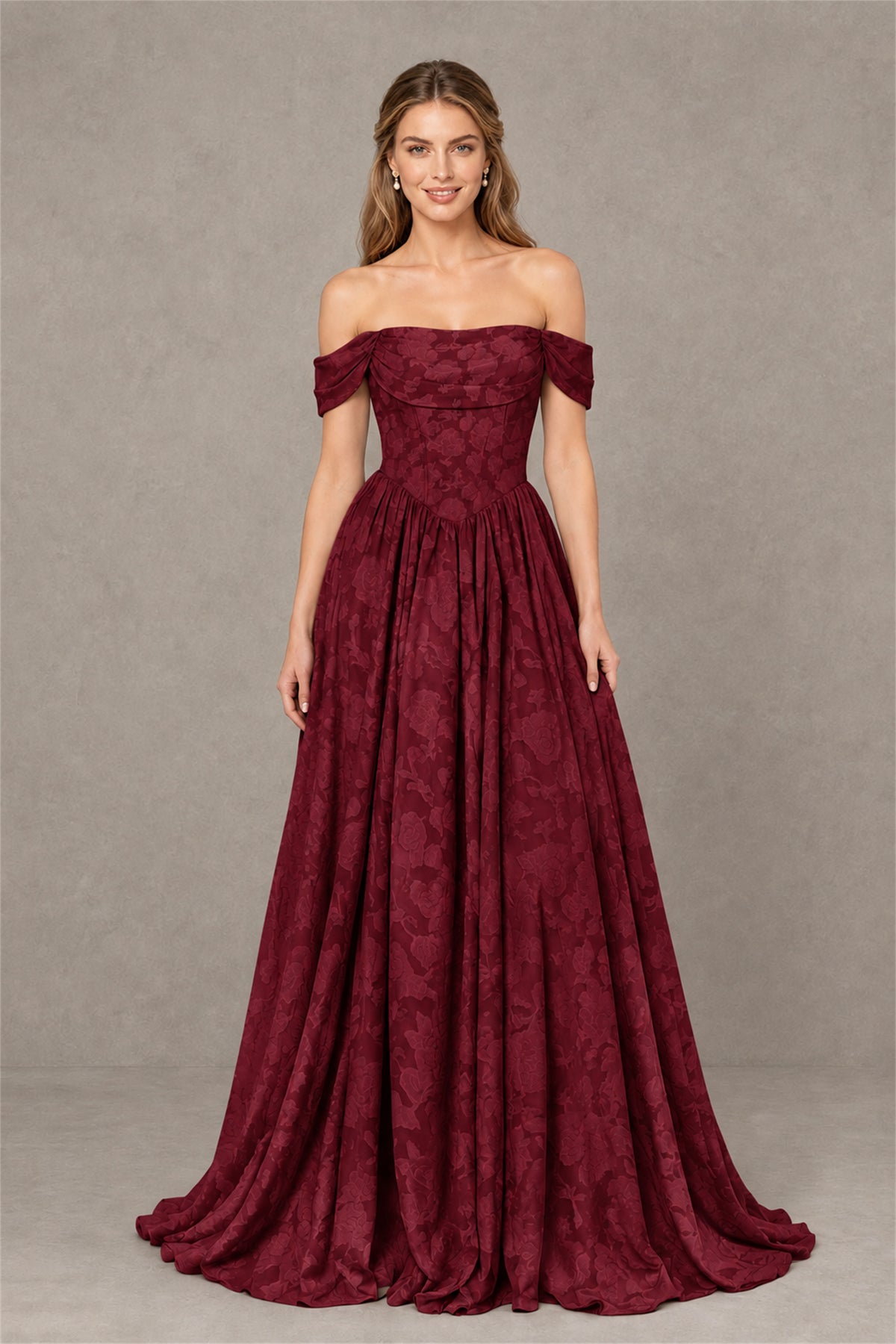 BOLODOO Burgundy Off-Shoulder Floral A-Line Maxi Dress - Burgundy