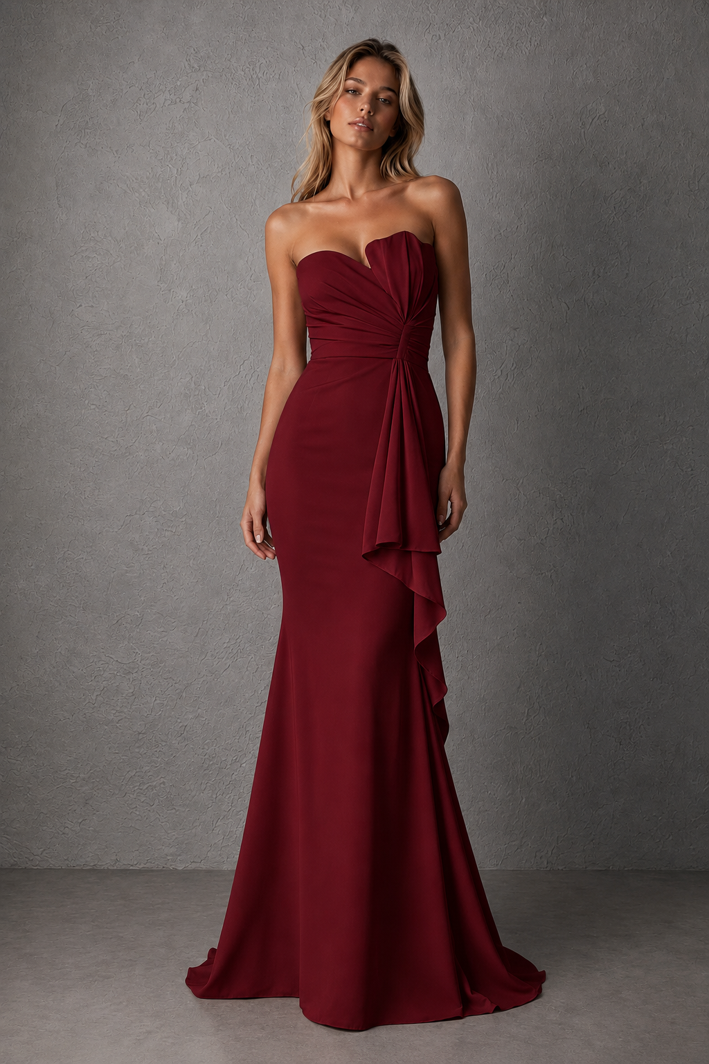 BOLODOO Burgundy Strapless Sweetheart Ruched Mermaid Gown | Cascade Drape Formal Evening Dress - Burgundy