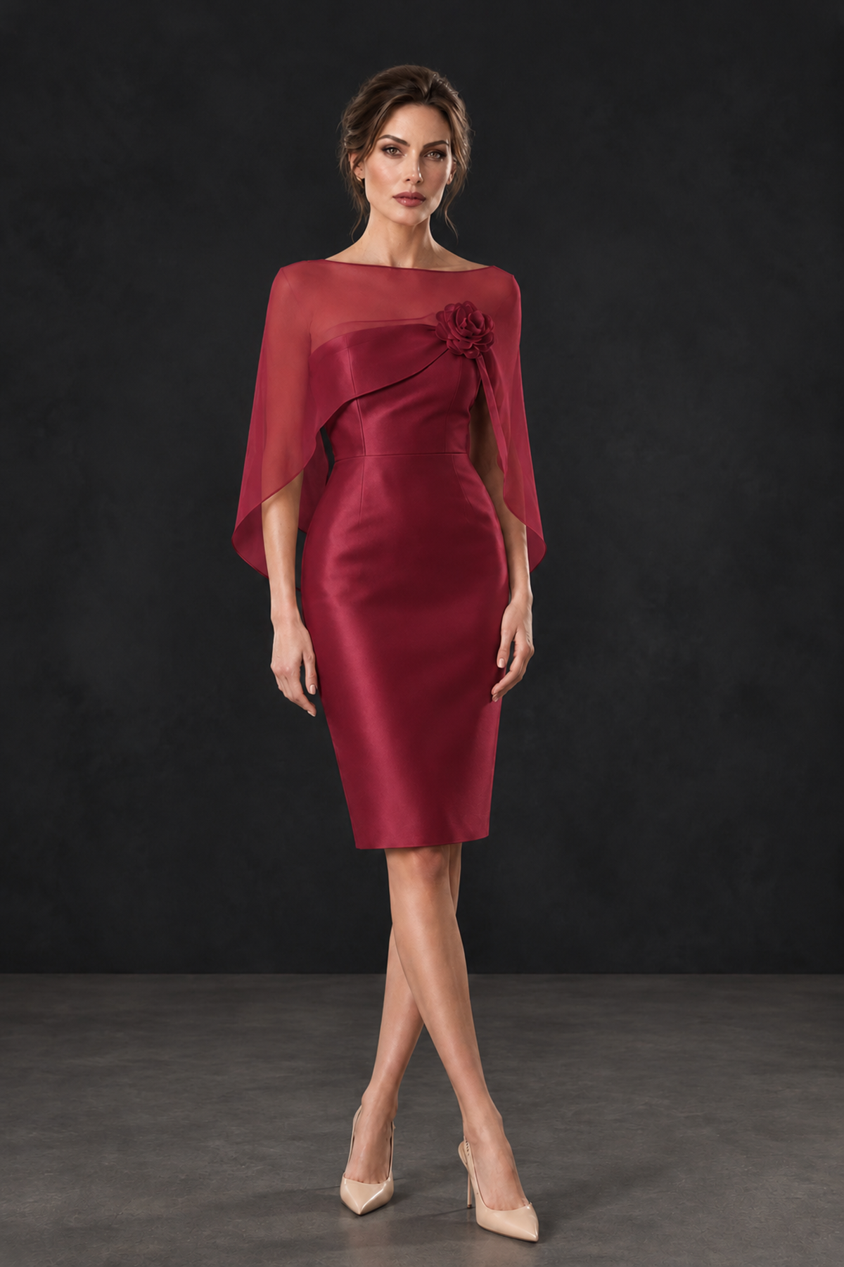 BOLODOO Burgundy Cape Knee-Length Mother of the Bride Dress - Burgundy - Burgundy (1)