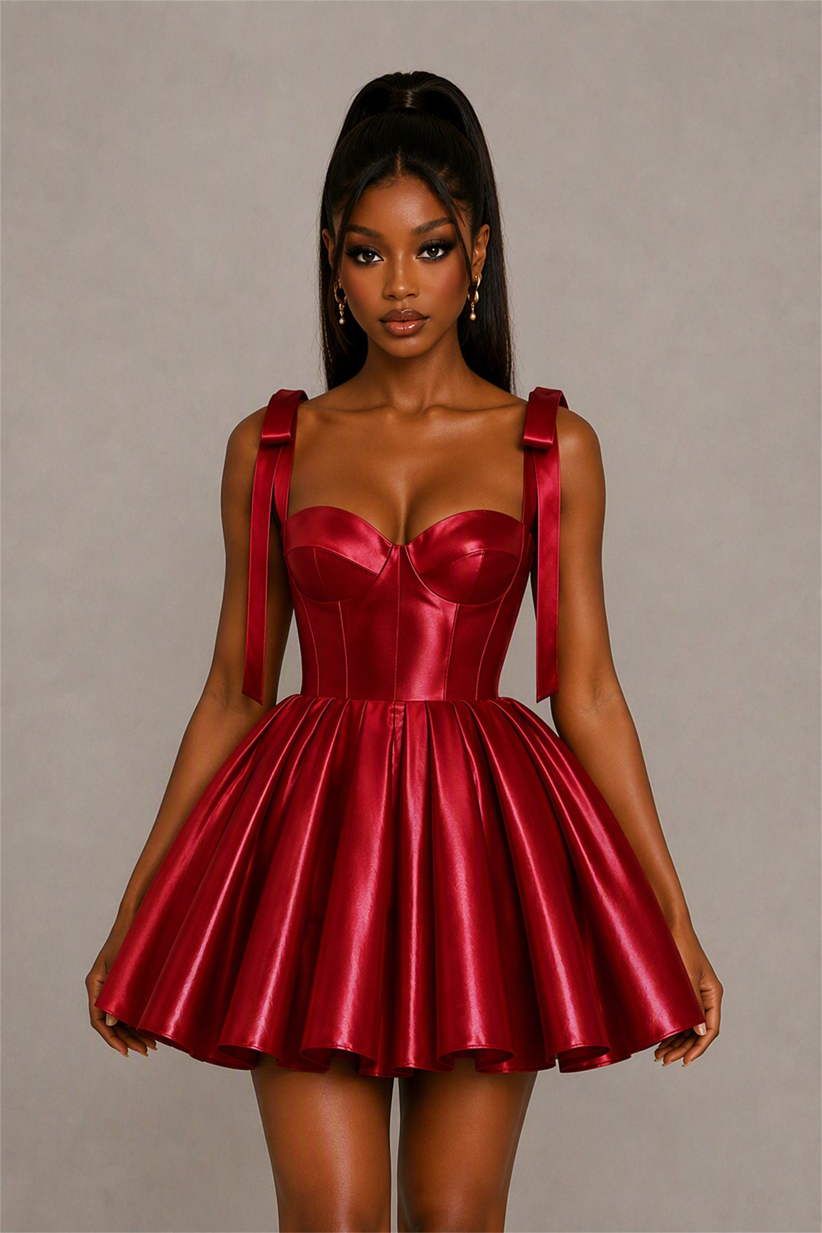 BOLODOO Burgundy Satin Sweetheart Corset Bow Strap Lace-Up Open Back Full Skirt Mini Dress | Prom Cocktail Party Dress - Burgundy