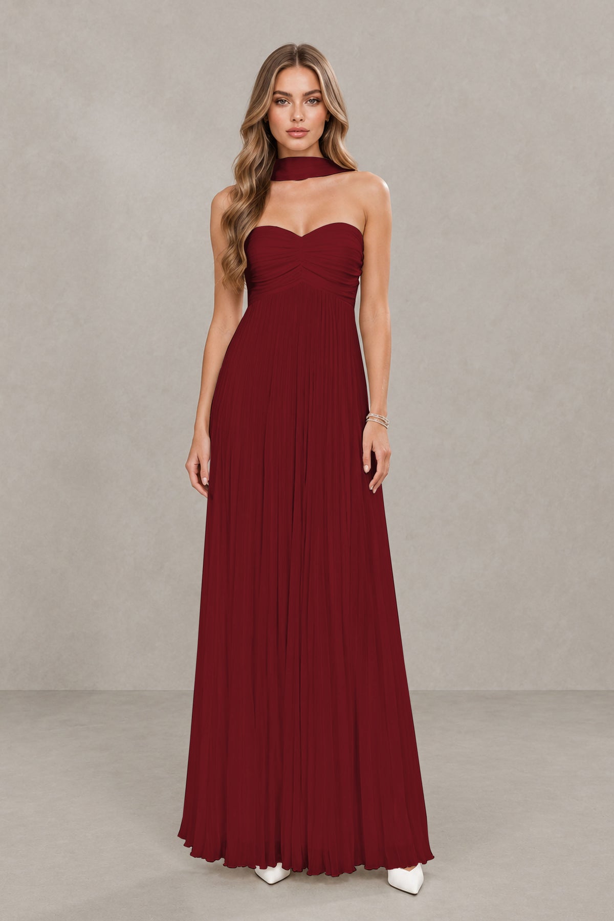 BOLODOO Burgundy Strapless Chiffon-Look Maxi Dress with Lace-Up Back & Cape - Burgundy