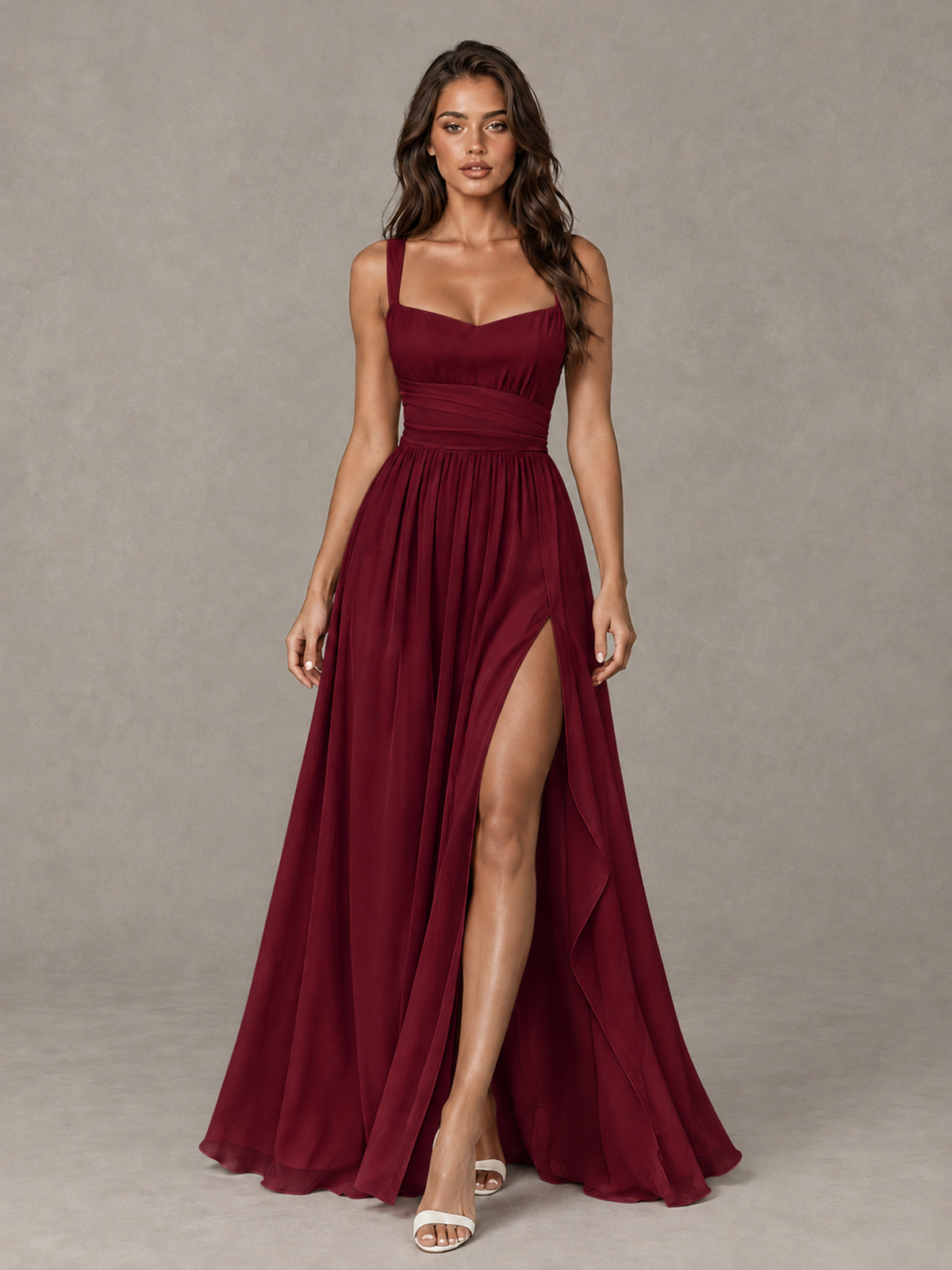 BOLODOO Burgundy A-Line Bridesmaid Dress with High Slit & Lace-Up Back - Burgundy - Burgundy (1)