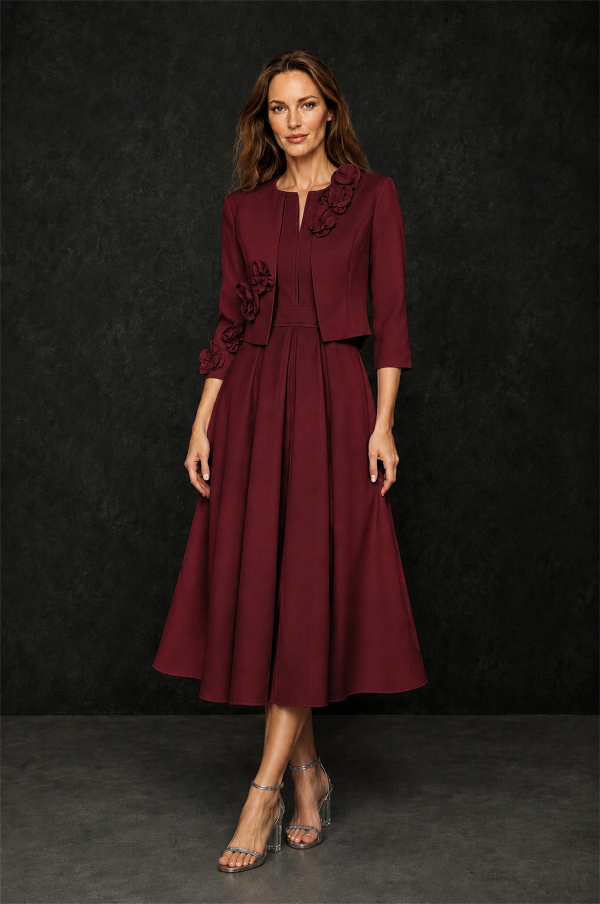 BOLODOO Burgundy 3D Rosette Appliqué 3/4 Sleeve Jacket & V-Notch Sleeveless A-Line Tea-Length Two-Piece Dress Set - Burgundy