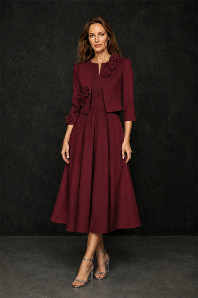 BOLODOO Burgundy 3D Rosette Appliqué 3/4 Sleeve Jacket & V-Notch Sleeveless A-Line Tea-Length Two-Piece Dress Set - Burgundy