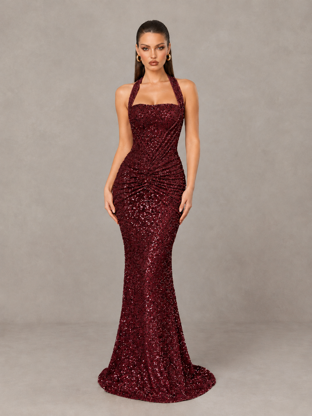 BOLODOO Burgundy Sequin Halter Mermaid Evening Gown - Burgundy - Burgundy (1)