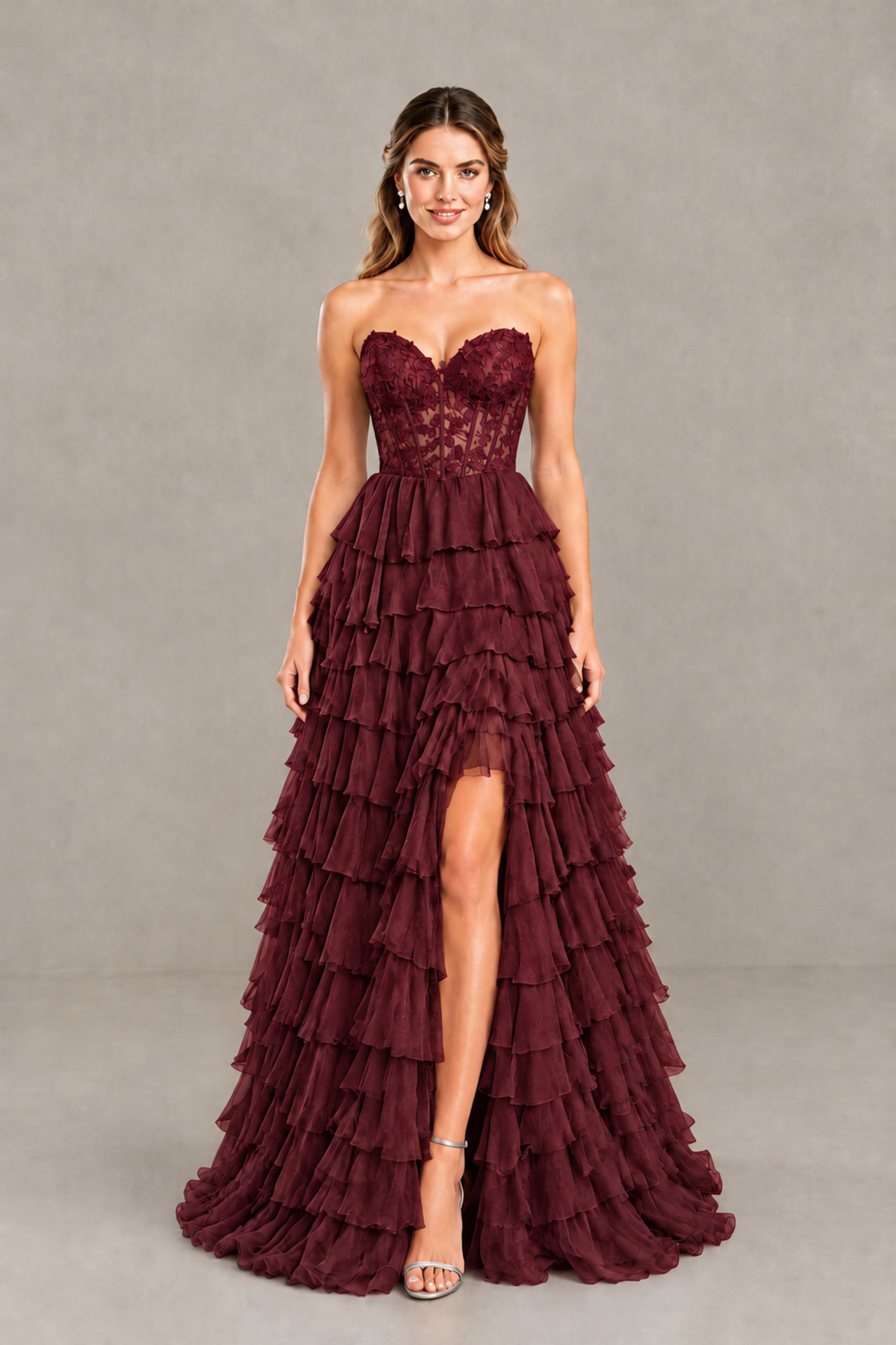 BOLODOO Burgundy Strapless Lace Corset Tiered Ruffle Prom Dress with Slit - Burgundy - Burgundy (1)