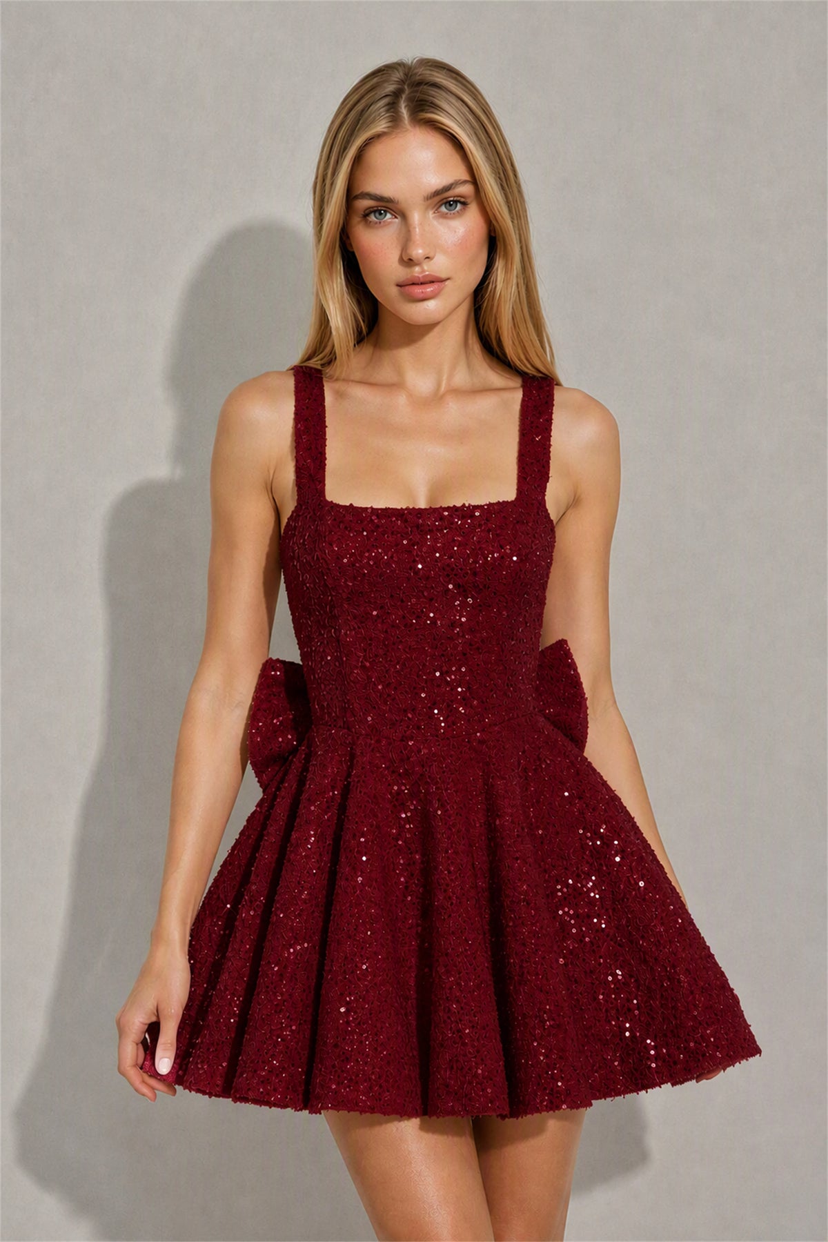 BOLODOO Burgundy Sequin Square Neck Wide Strap Bow Waist Open Back Fit and Flare Mini Dress | Prom Birthday Party Dress - Burgundy