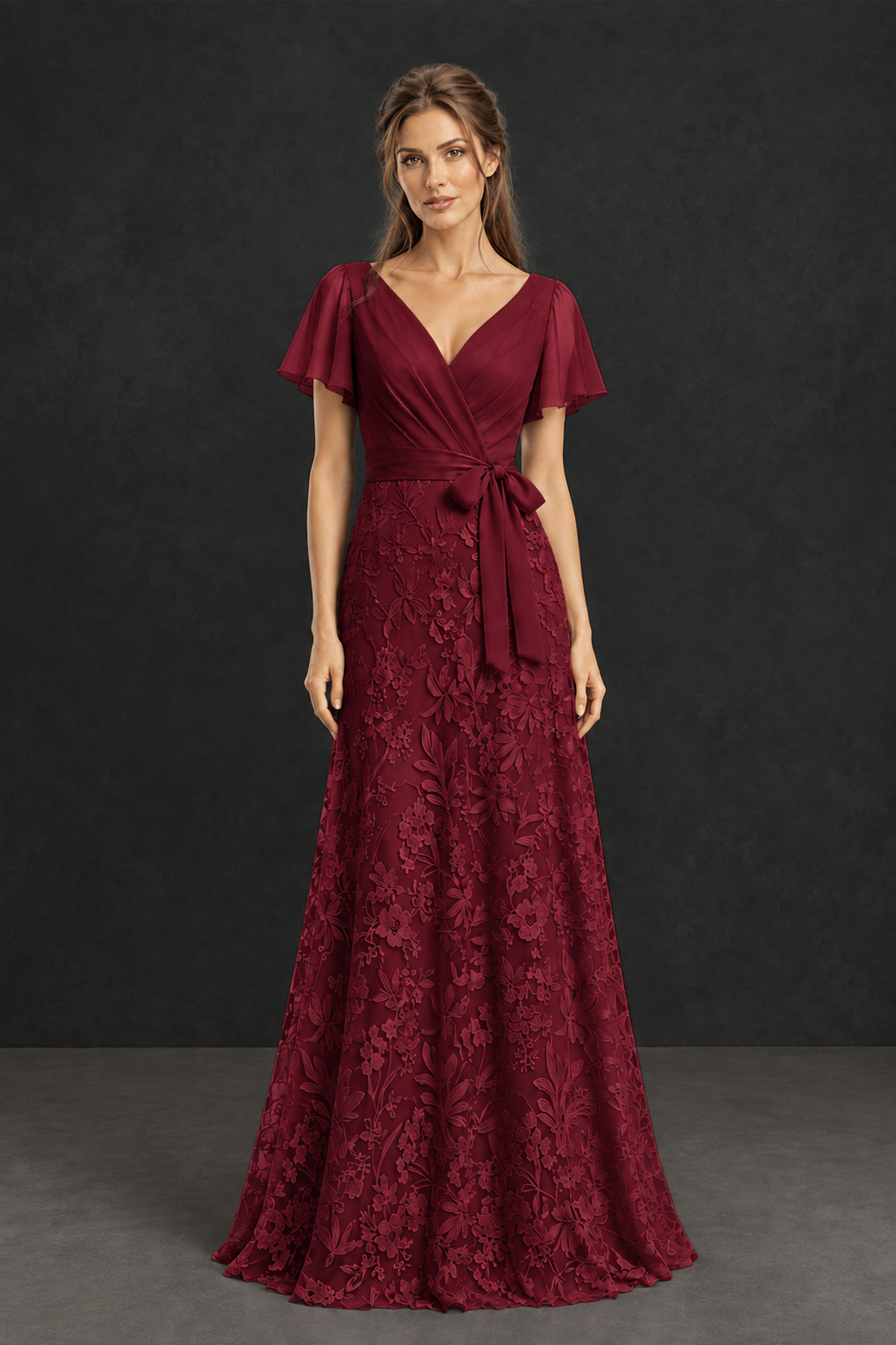 BOLODOO Burgundy Flutter Sleeve Lace Mother of the Bride Dress - Burgundy