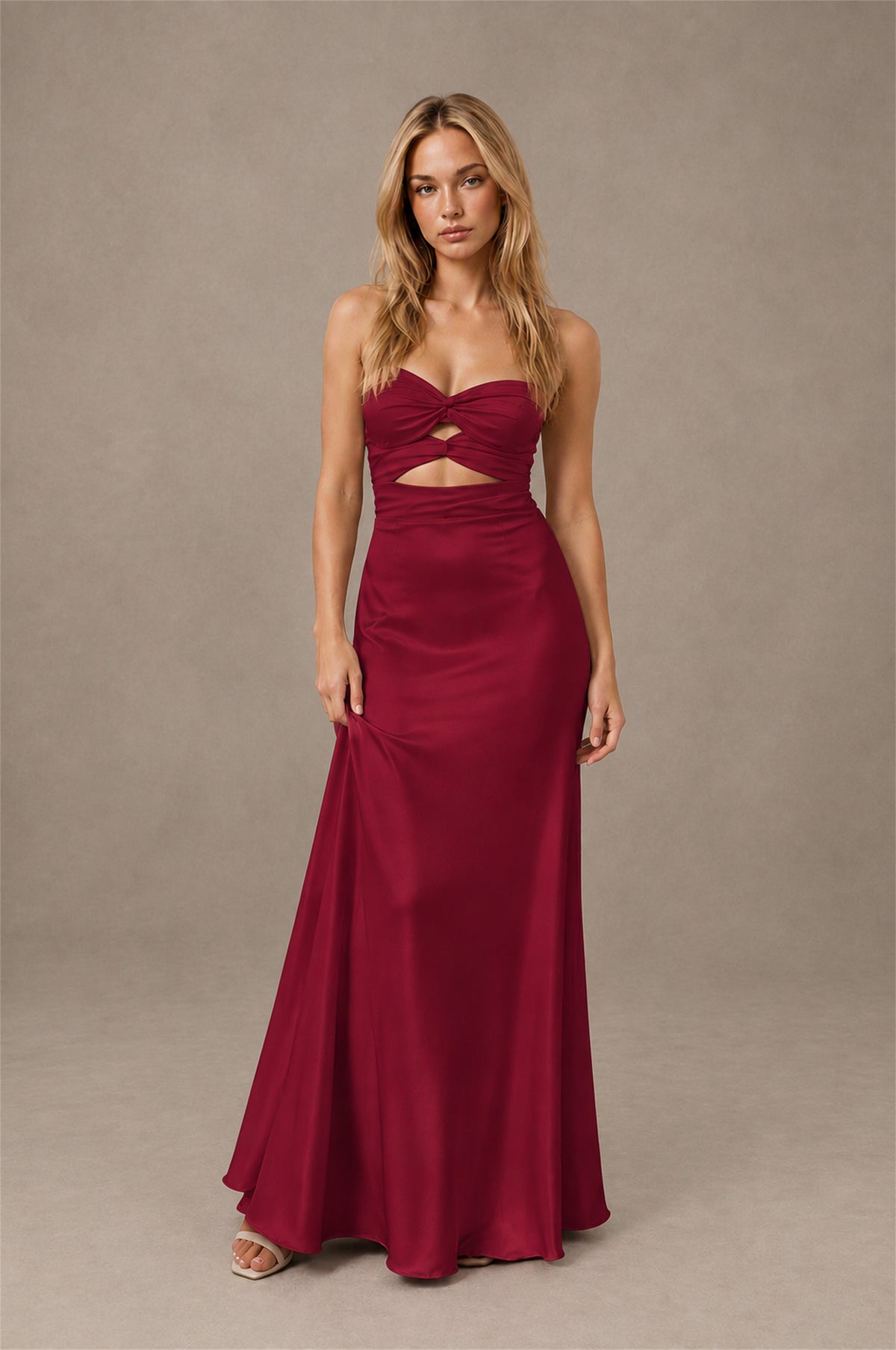 BOLODOO Burgundy Sweetheart Strapless Twist Knot Cutout Lace-Up Back Satin Mermaid Maxi Dress - Burgundy - Burgundy (1)