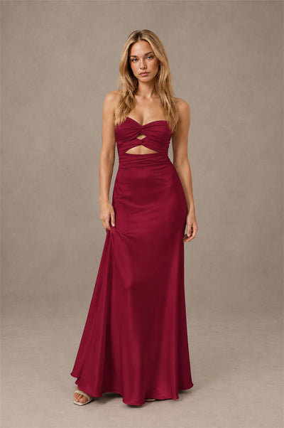 BOLODOO Burgundy Sweetheart Strapless Twist Knot Cutout Lace-Up Back Satin Mermaid Maxi Dress - Burgundy - Burgundy (1)