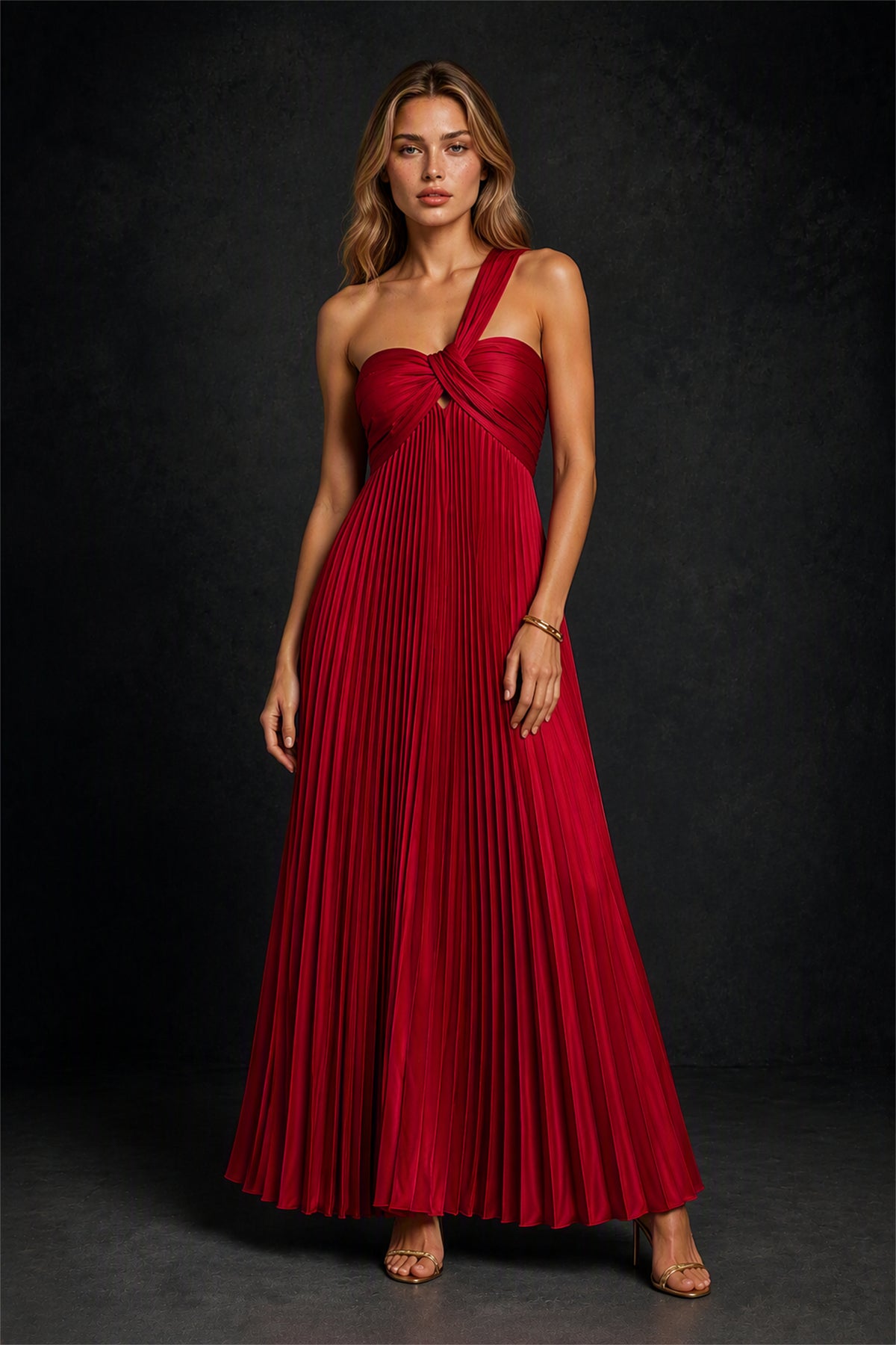 BOLODOO Burgundy One-Shoulder Twist Knot Pleated Satin Midi Dress with Cutout - Burgundy