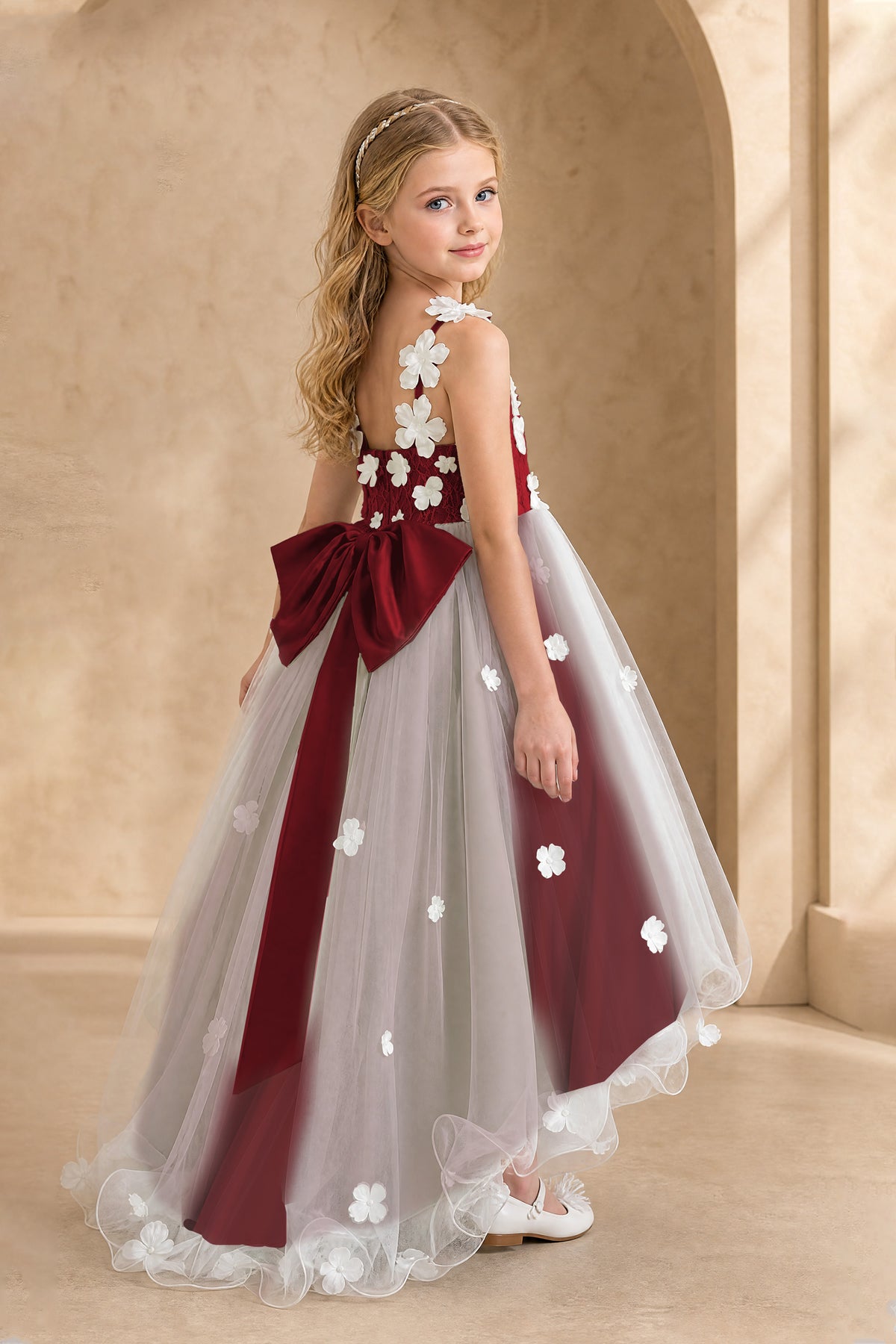 BOLODOO Burgundy Flower Girl Dress with Floral Appliqué and High-Low Tulle Skirt - Burgundy