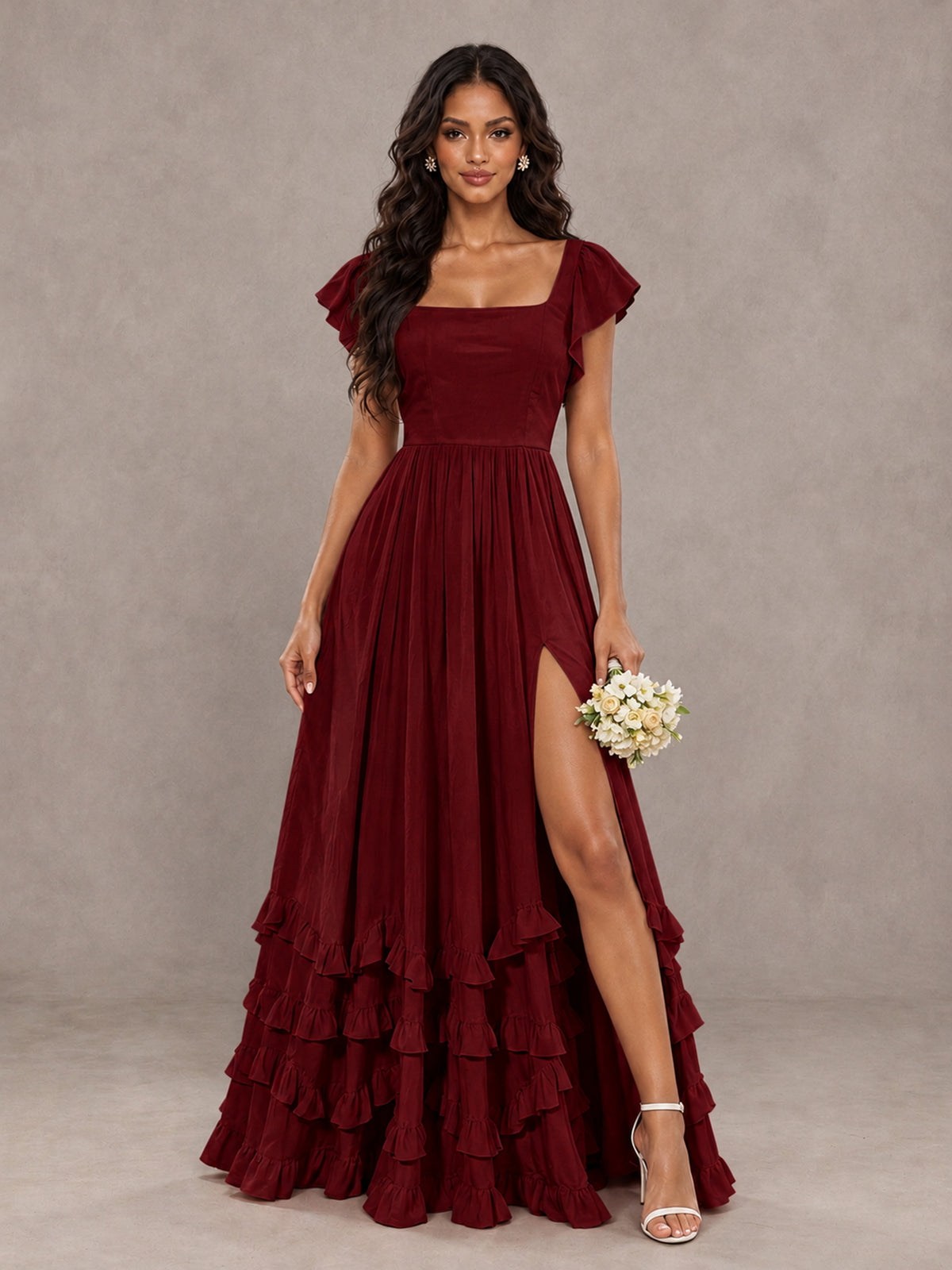BOLODOO Burgundy Flutter Sleeve Ruffle Bridesmaid Dress with Slit - Burgundy - Burgundy (1)