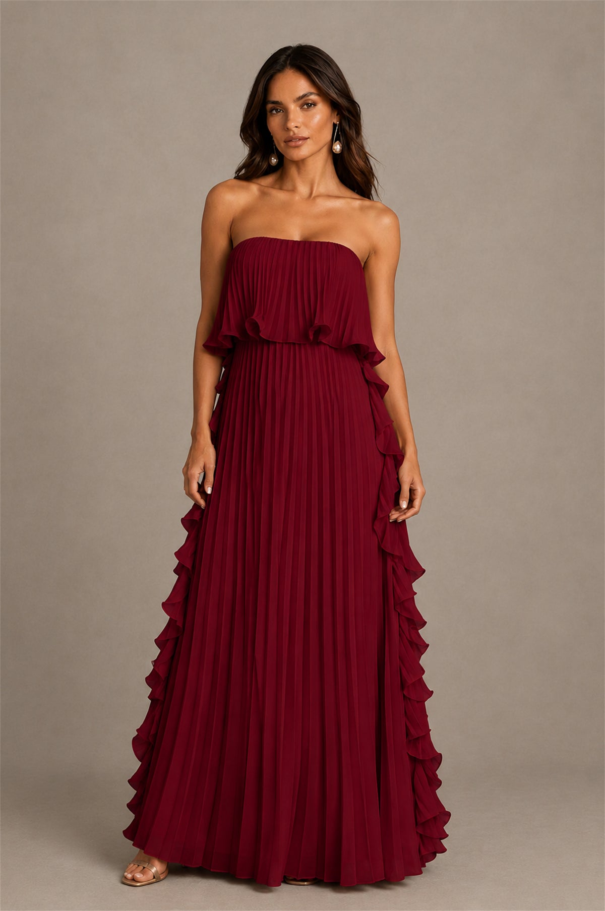 BOLODOO Burgundy Strapless Ruffle Bodice Dual Cascading Ruffle Accordion Pleated Chiffon Maxi Dress - Burgundy