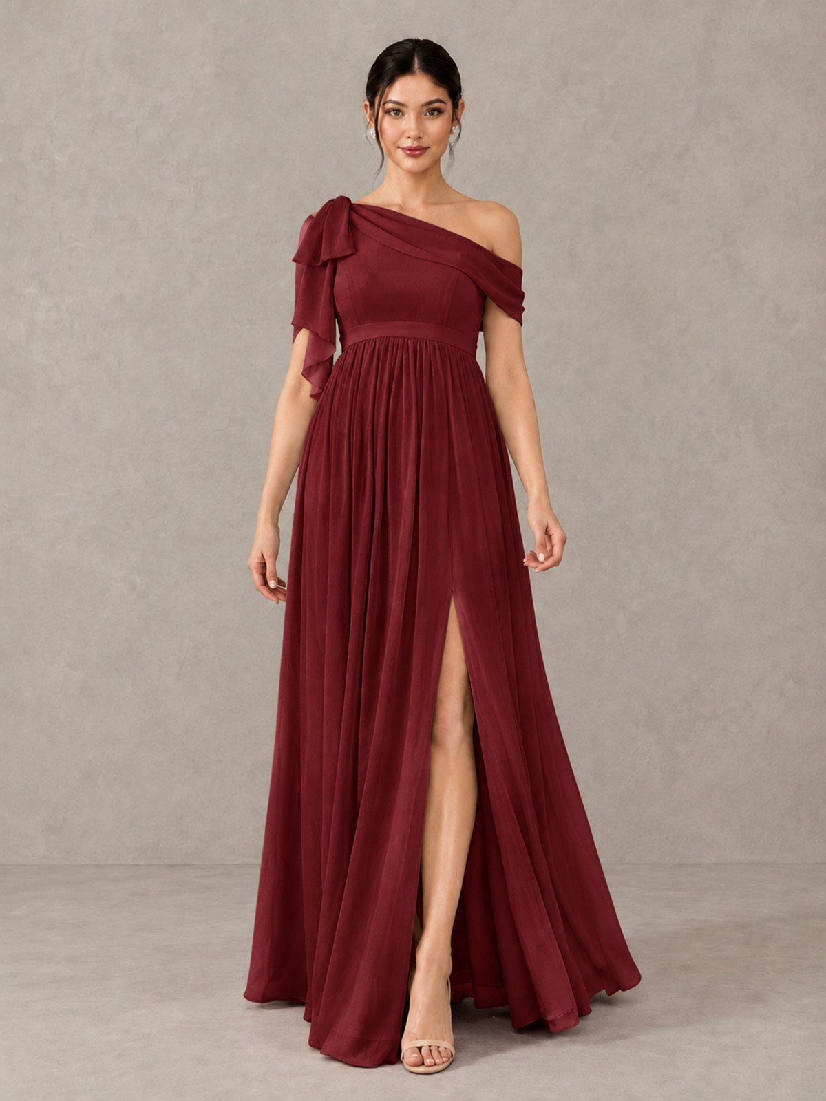 BOLODOO Burgundy One-Shoulder Maternity Bridesmaid Dress with Slit - Burgundy - Burgundy (1)