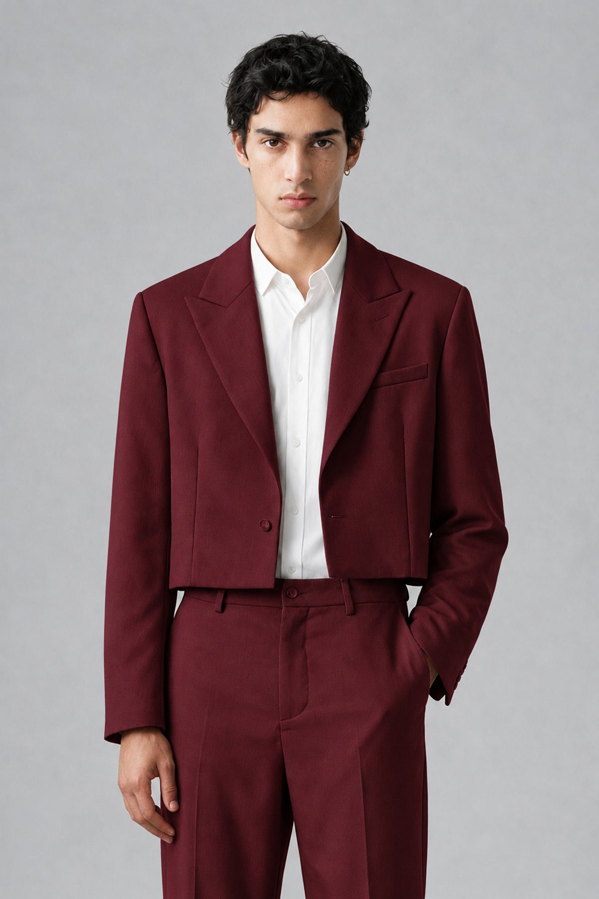 Bolodoo Men's Burgundy Cropped Blazer & Wide-Leg Trousers 2-Piece Suit - Burgundy - Burgundy (1)