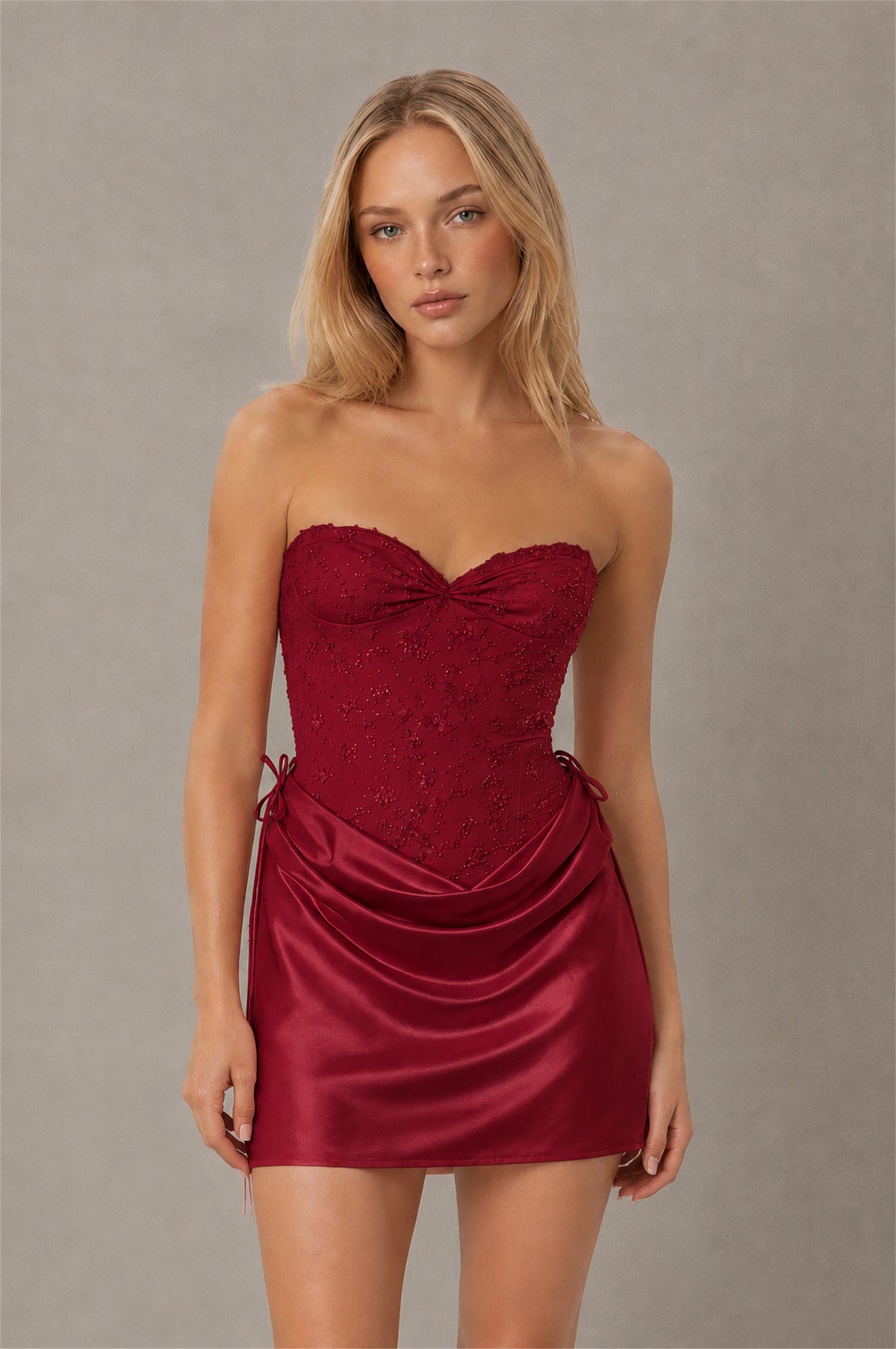 BOLODOO Burgundy Lace Corset Strapless Sweetheart Satin Mini Dress with Open Back - Burgundy