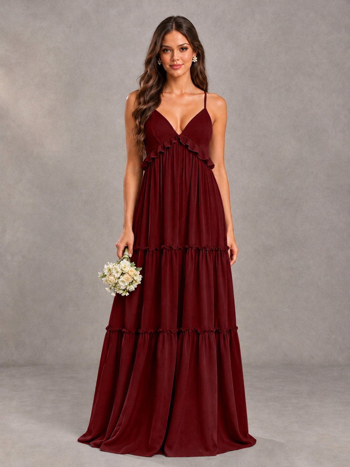 BOLODOO Burgundy Tiered V-Neck Lace-Up Back Bridesmaid Dress - Burgundy - Burgundy (1)
