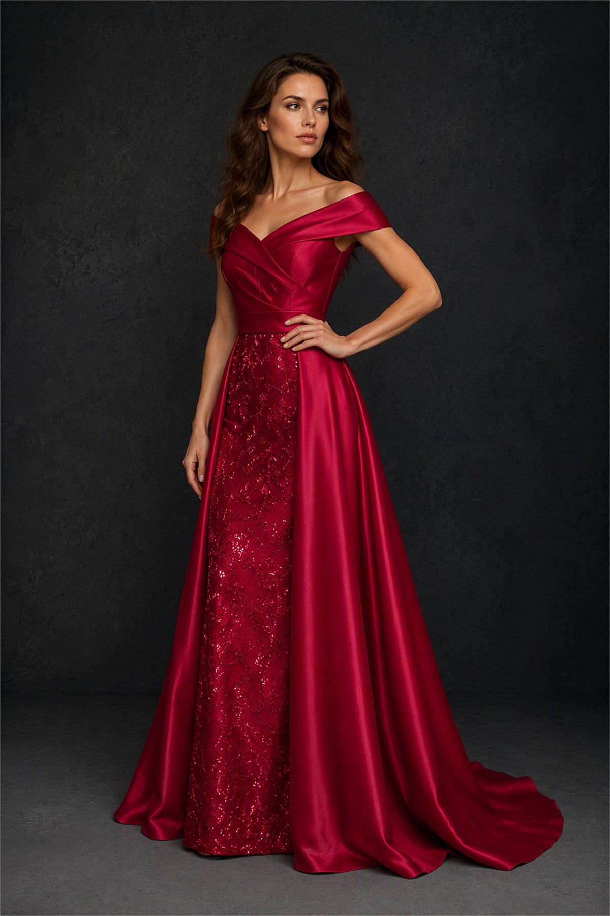 BOLODOO Steel Burgundy Off-Shoulder Satin Sequin Lace Mermaid Gown with Detachable Overskirt - Burgundy