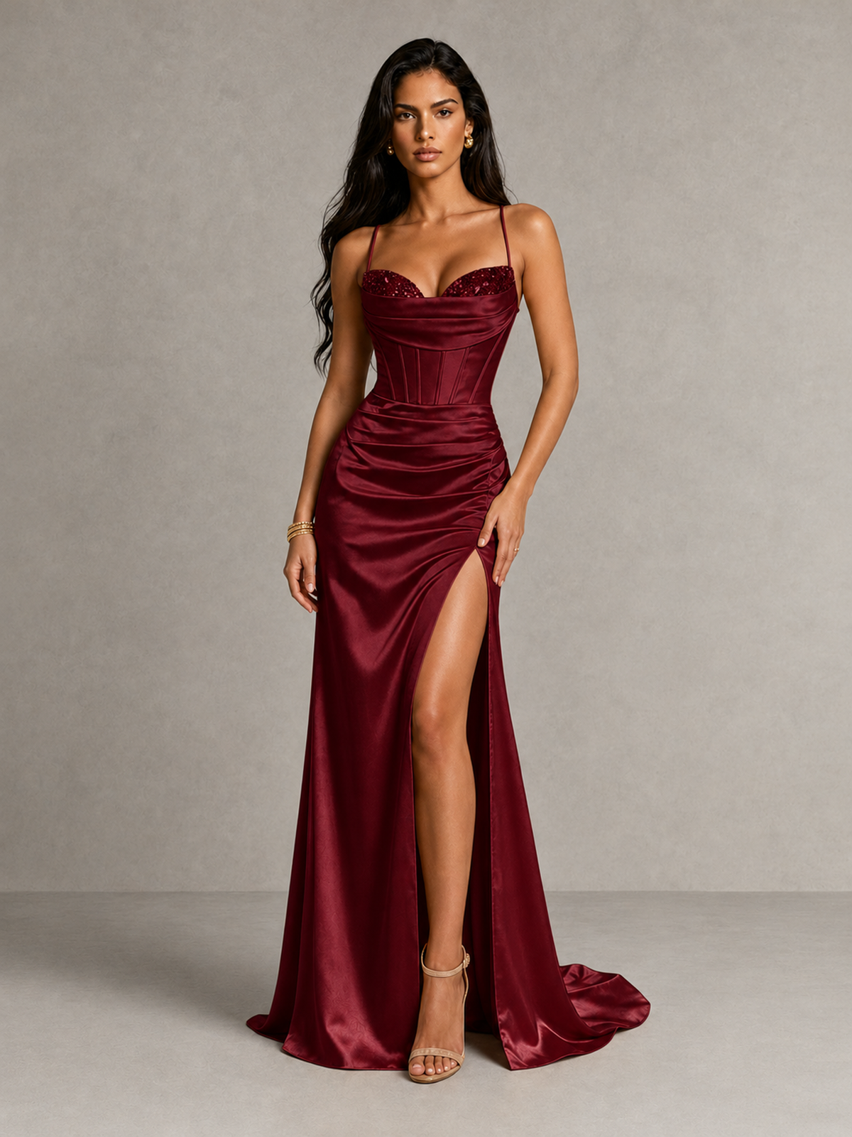 BOLODOO Burgundy Satin Corset Prom Dress with High Slit & Lace-Up Back - Burgundy - Burgundy (1)