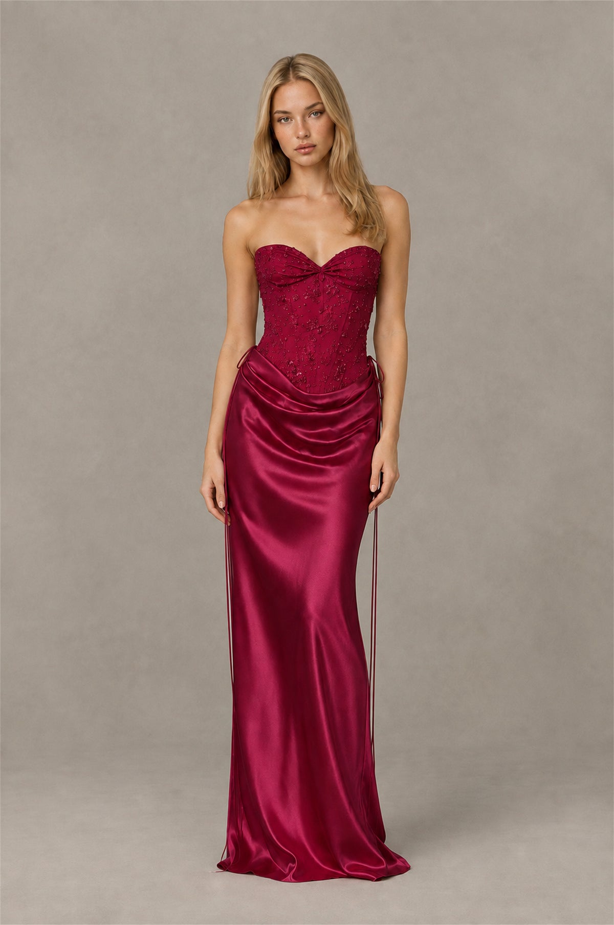 BOLODOO Burgundy Strapless Embellished Corset Satin-Look Maxi Dress - Burgundy