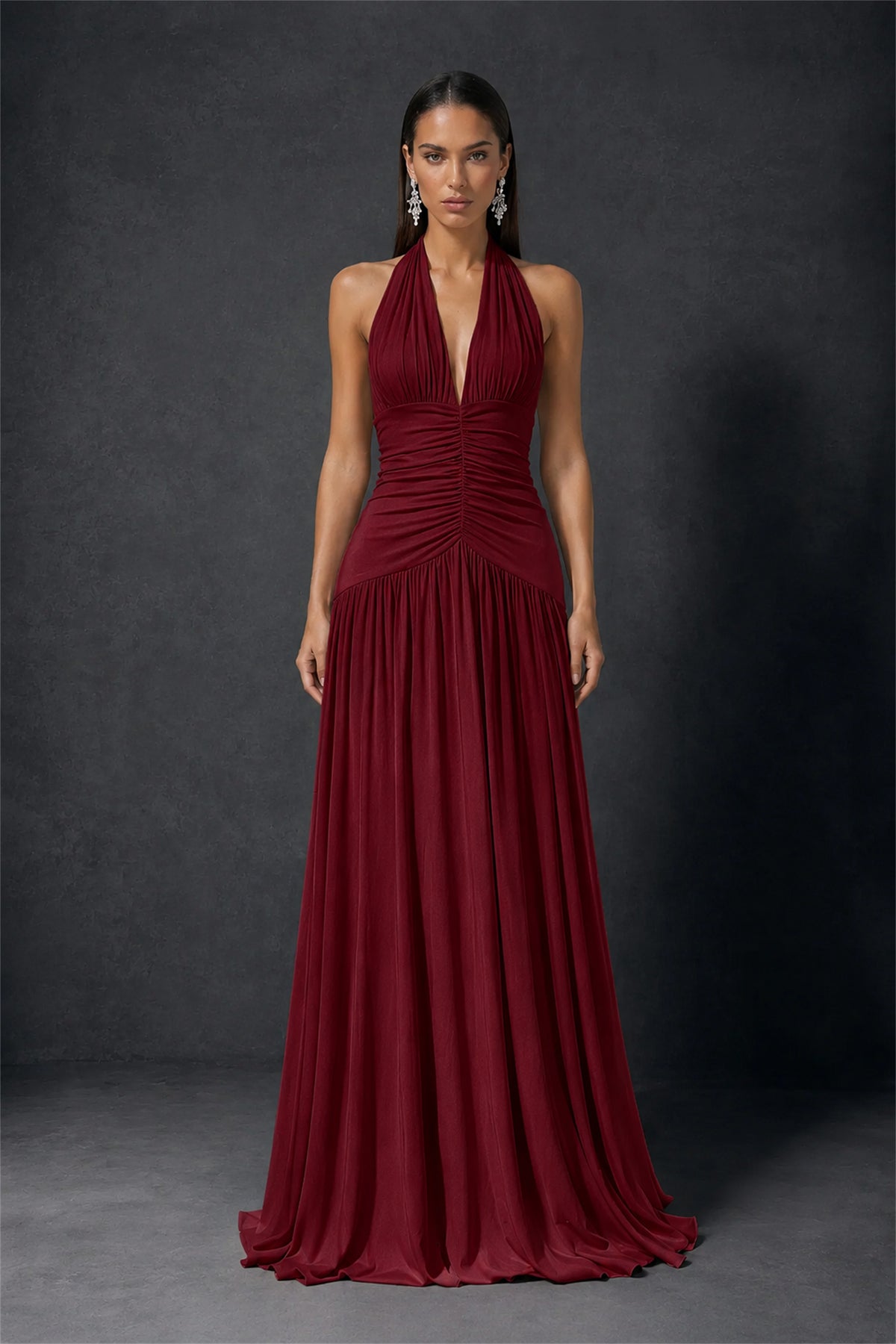 BOLODOO Burgundy Halter Deep V-Neck Ruched Chiffon Open Back Maxi Dress with Draped Neck Tie - Burgundy