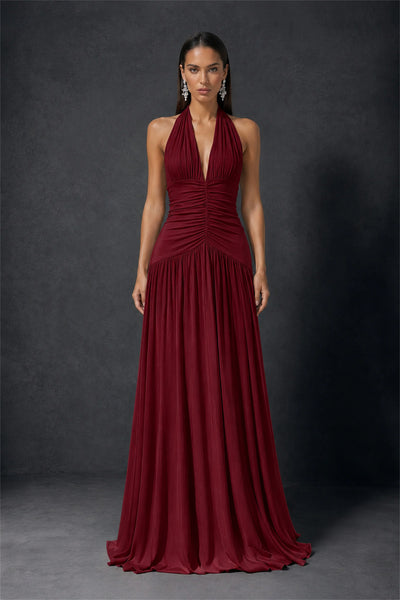 BOLODOO Burgundy Halter Deep V-Neck Ruched Chiffon Open Back Maxi Dress with Draped Neck Tie - Burgundy