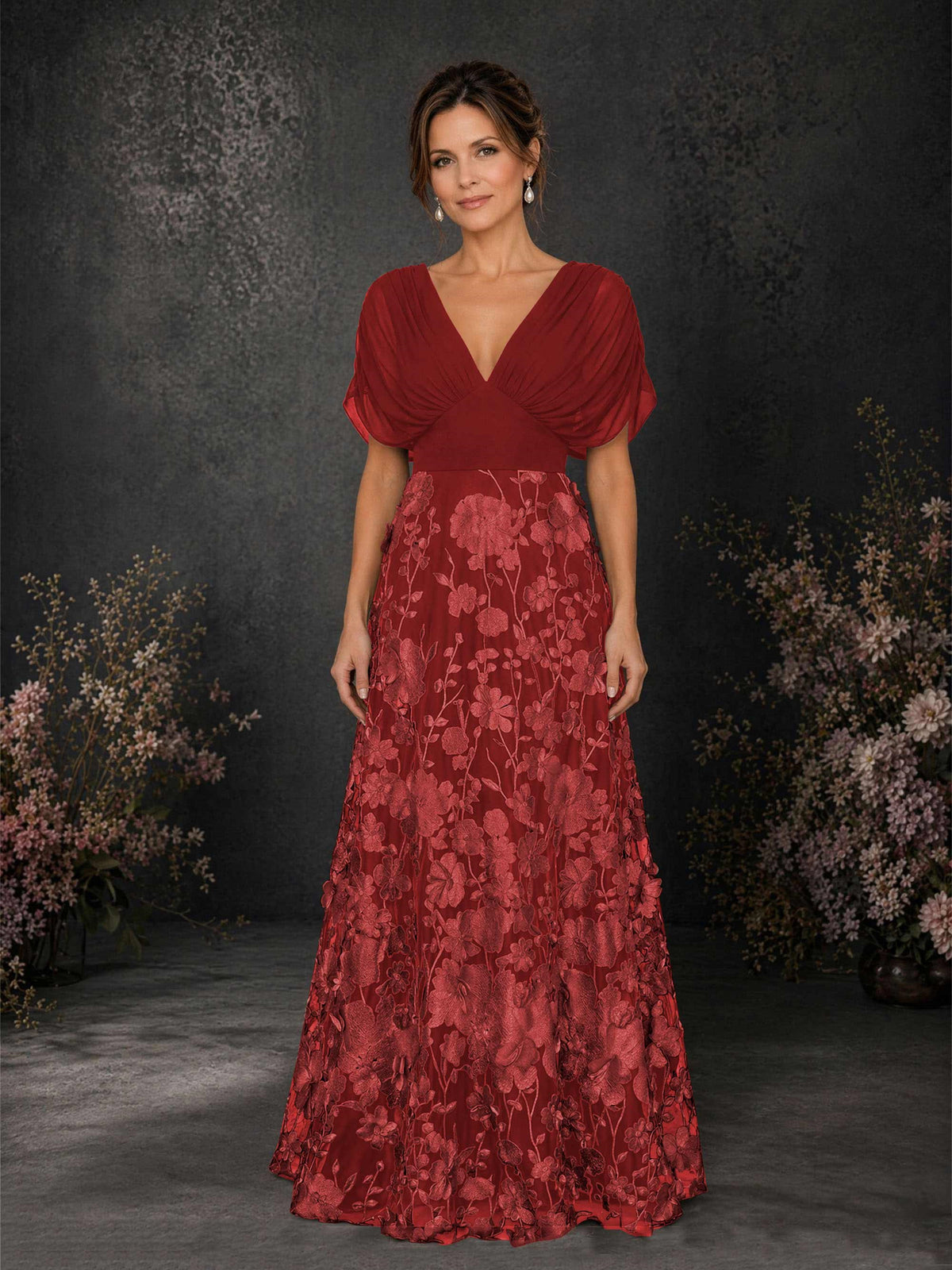 BOLODOO Burgundy & Burgundy Chiffon V-Neck Flutter Sleeve Floral Embroidered A-Line Gown BD0414 - Burgundy
