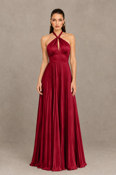 BOLODOO Burgundy Halter Pleated A-Line Evening Dress - Burgundy
