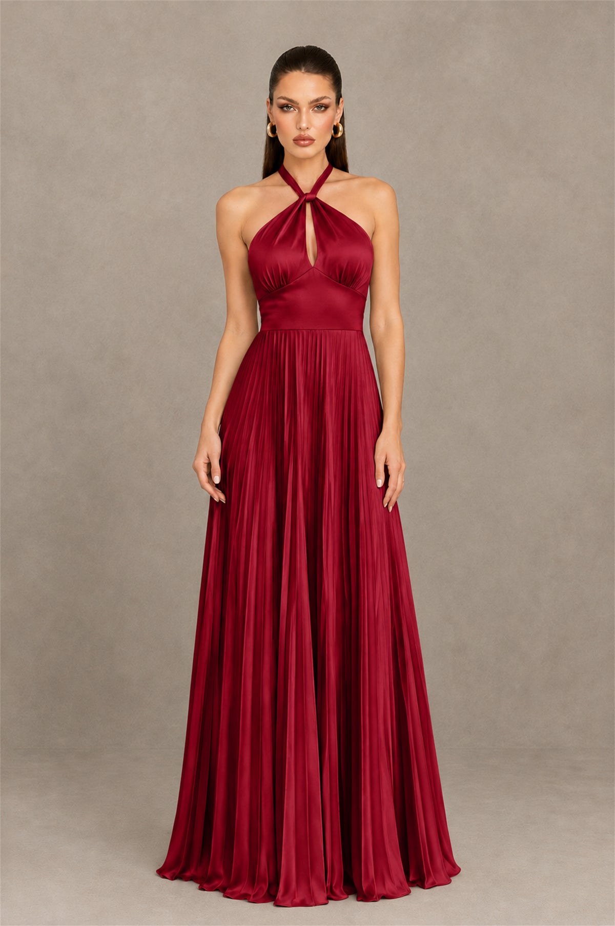 BOLODOO Burgundy Halter Pleated A-Line Evening Dress - Burgundy