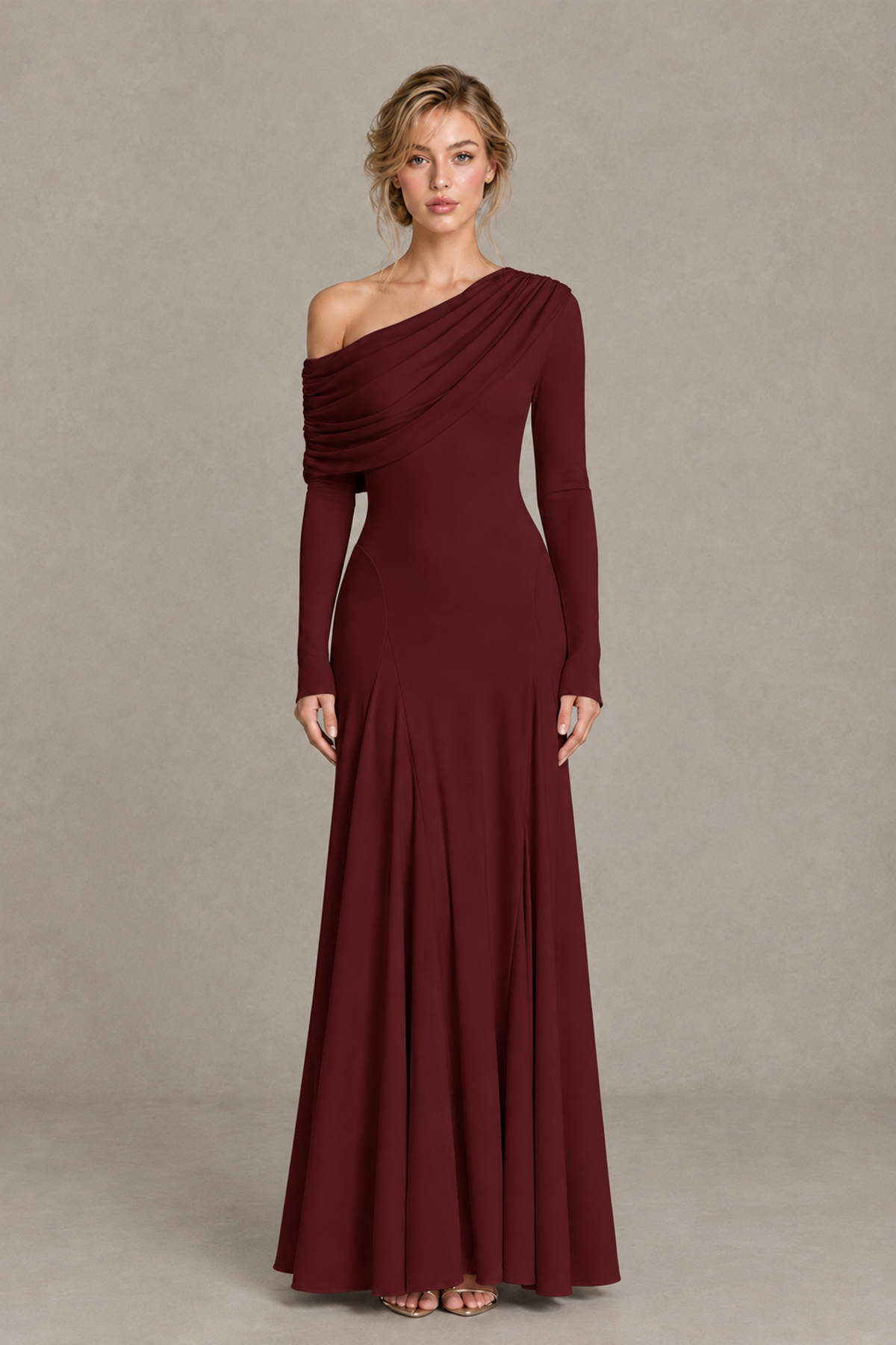 BOLODOO Burgundy Asymmetric Draped Long Sleeve Evening Gown - Burgundy