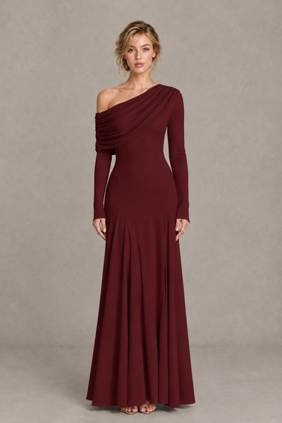 BOLODOO Burgundy Asymmetric Draped Long Sleeve Evening Gown - Burgundy