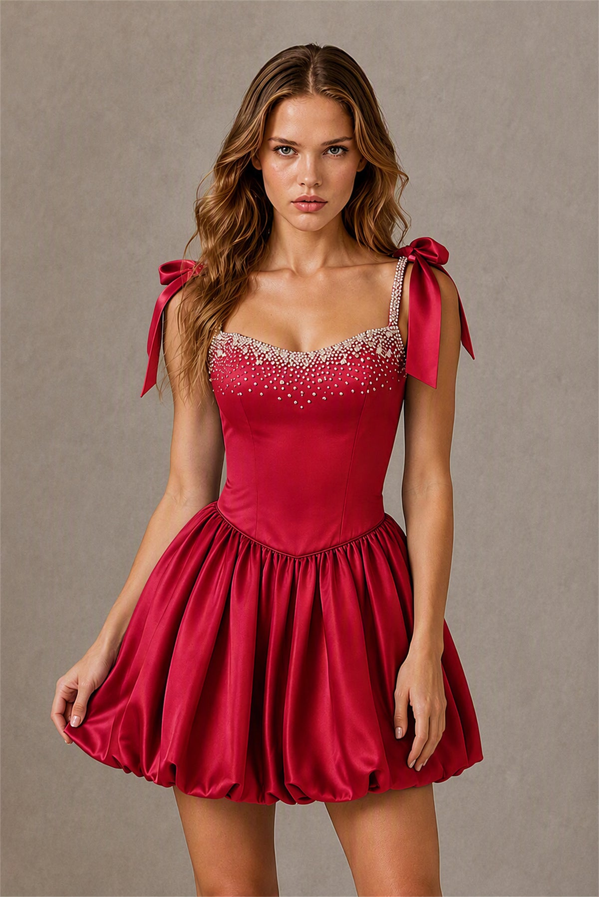 BOLODOO Burgundy Satin Pearl Embellished Sweetheart Bow Strap Bubble Hem Mini Dress | Cocktail Prom Homecoming Dress - Burgundy